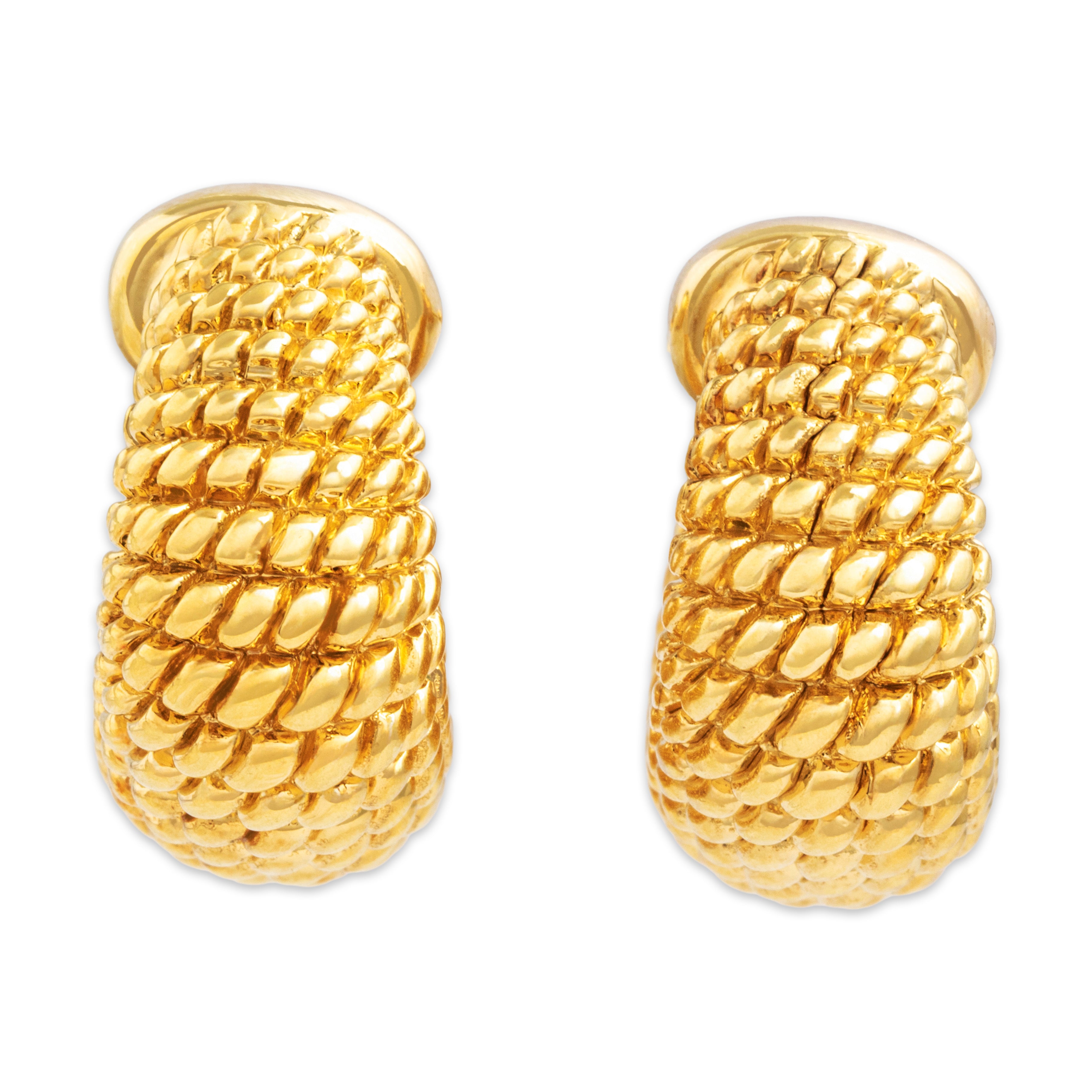 Vintage Italian Large 18k Yellow Gold Chunky Triangular Woven Hoop Earrings