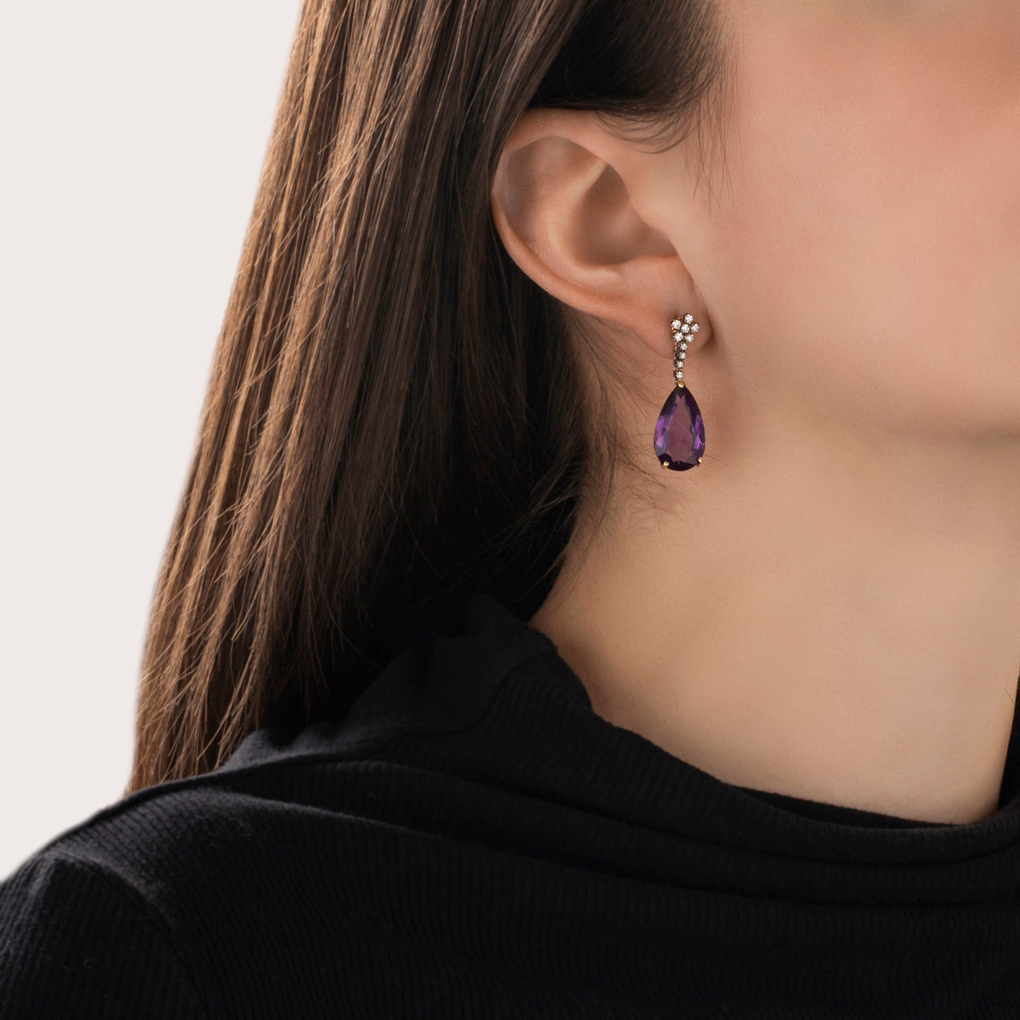 Vintage 18k Yellow & White Gold 11cttw Amethyst Diamond Segmented Drop Earrings - On model view