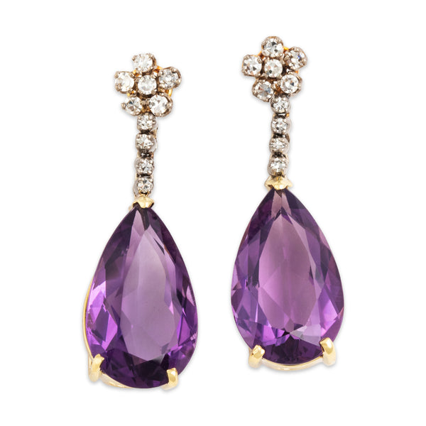 Vintage 18k Yellow & White Gold 11cttw Amethyst Diamond Segmented Drop Earrings