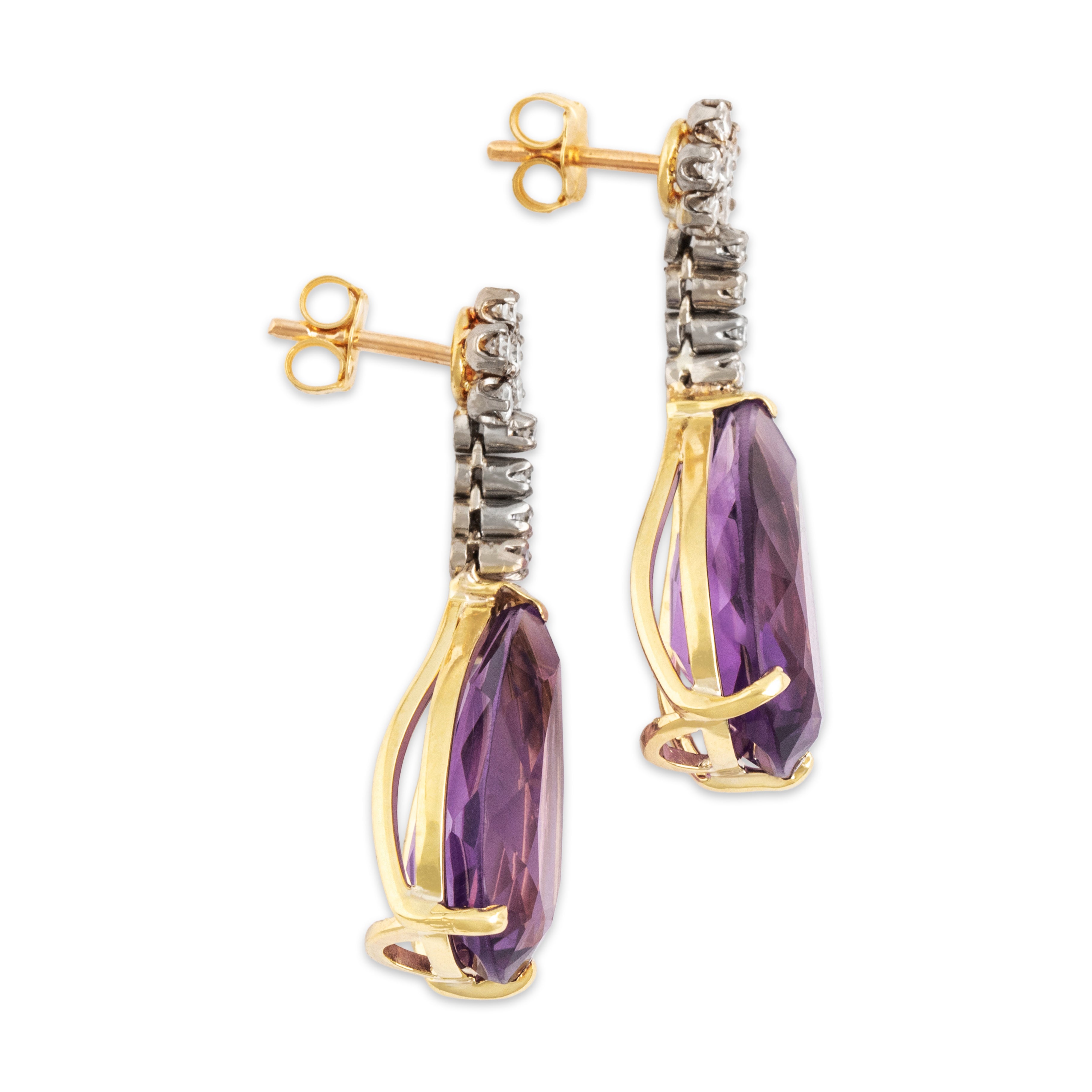 Vintage 18k Yellow & White Gold 11cttw Amethyst Diamond Segmented Drop Earrings - Side view