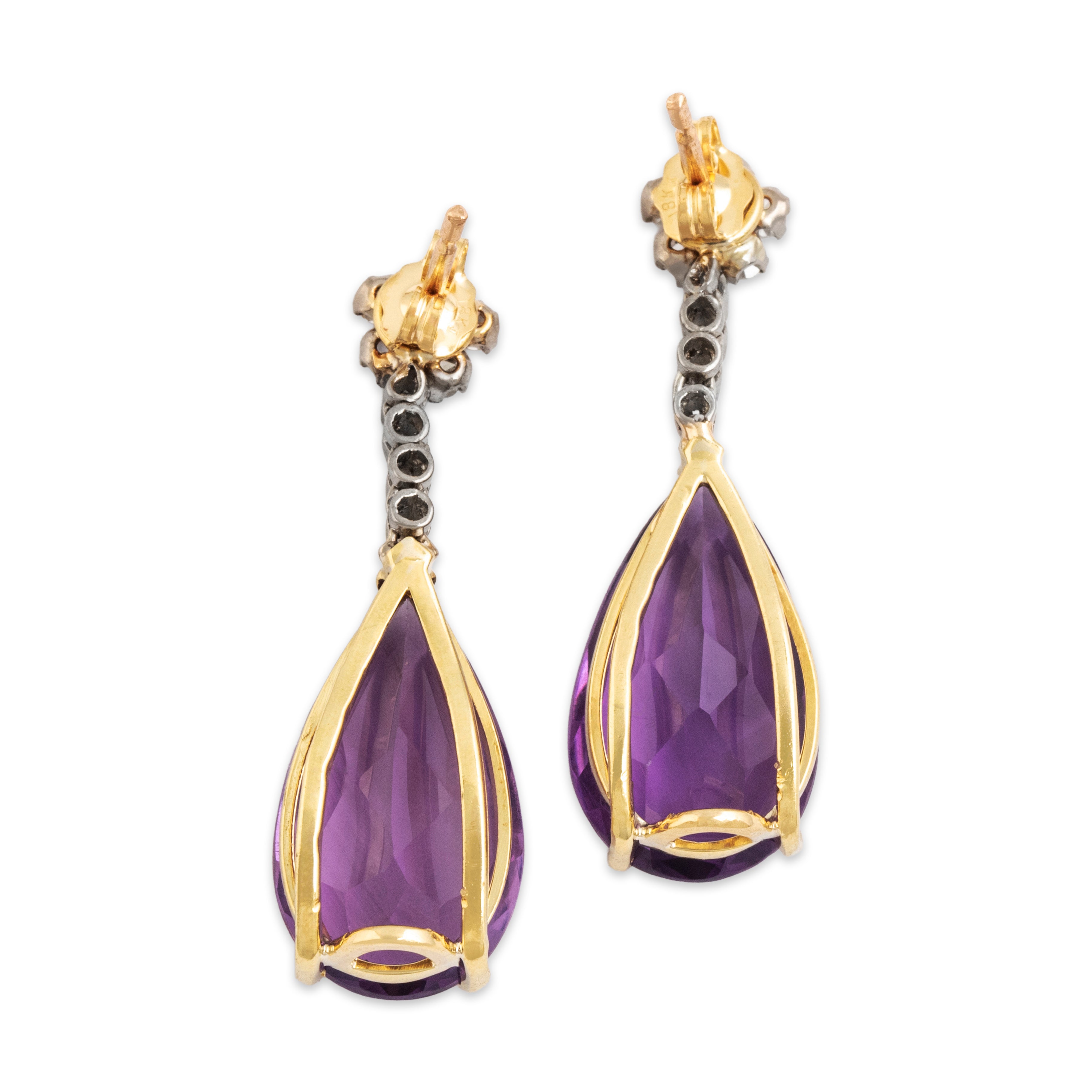 Vintage 18k Yellow & White Gold 11cttw Amethyst Diamond Segmented Drop Earrings - Back view