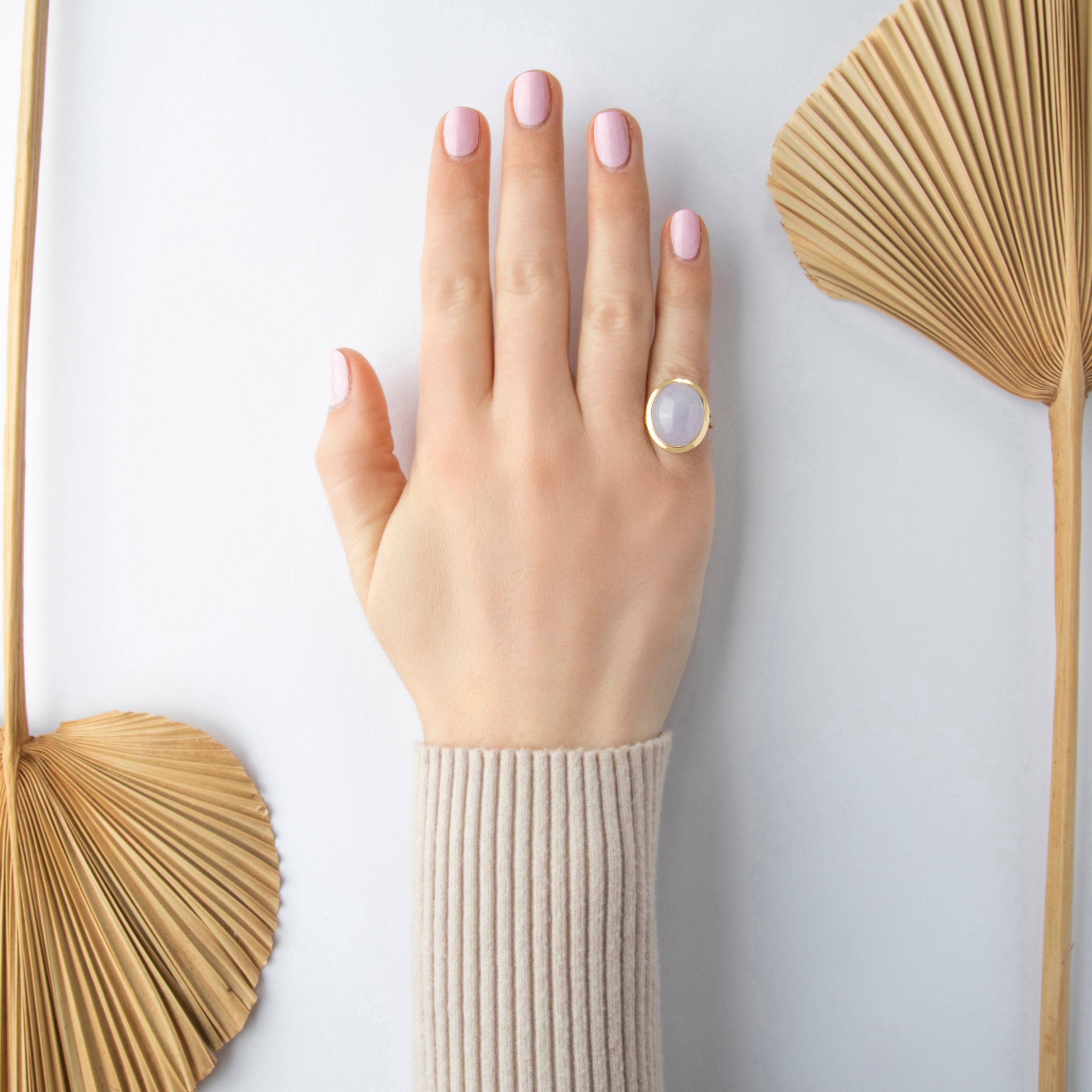 Vintage 14k Yellow Gold 13ct Lavender Jade Sleek Cabochon Ring - On model view