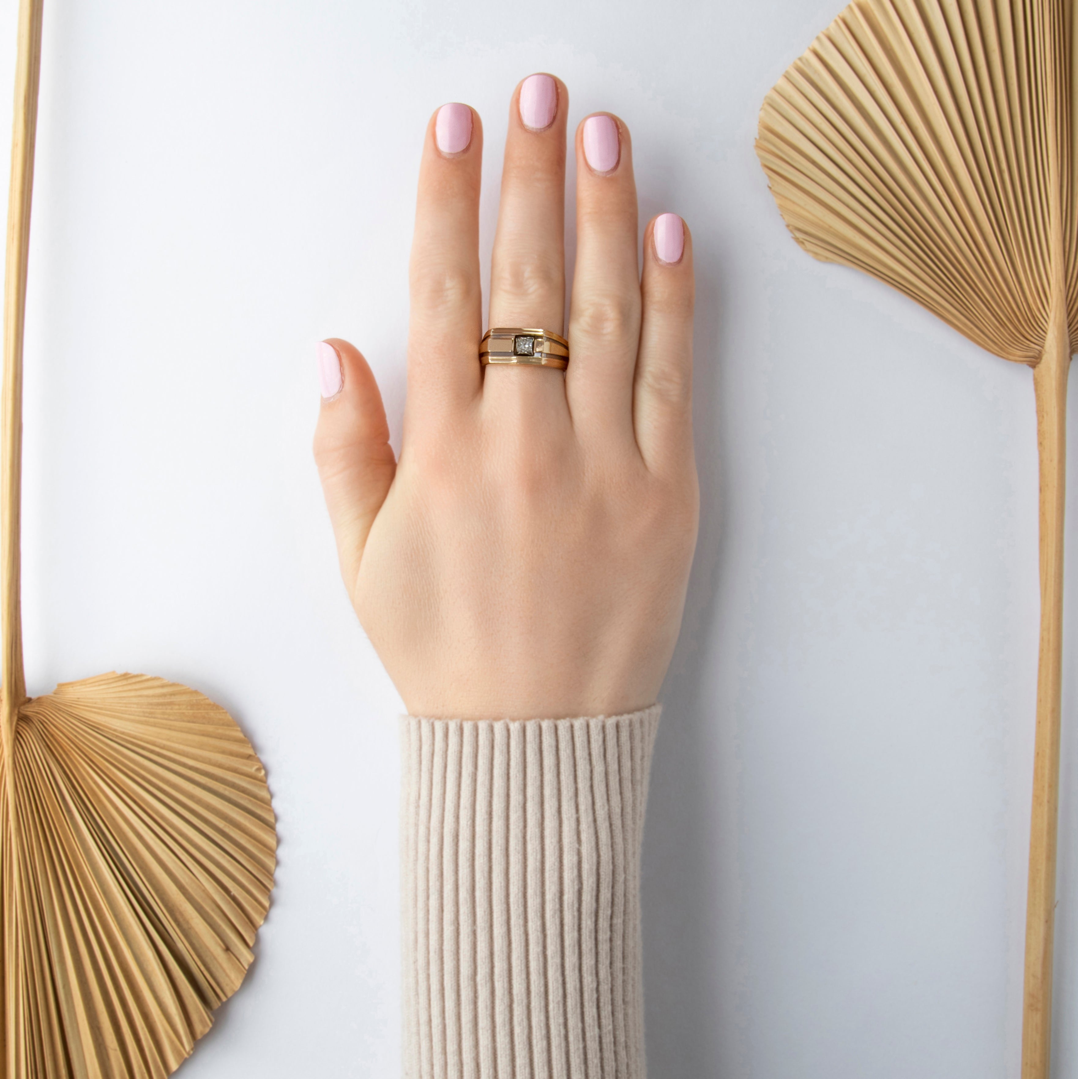 Vintage Heavy 14k Yellow & White Gold .32ct Diamond Geometric Band Ring - On model view