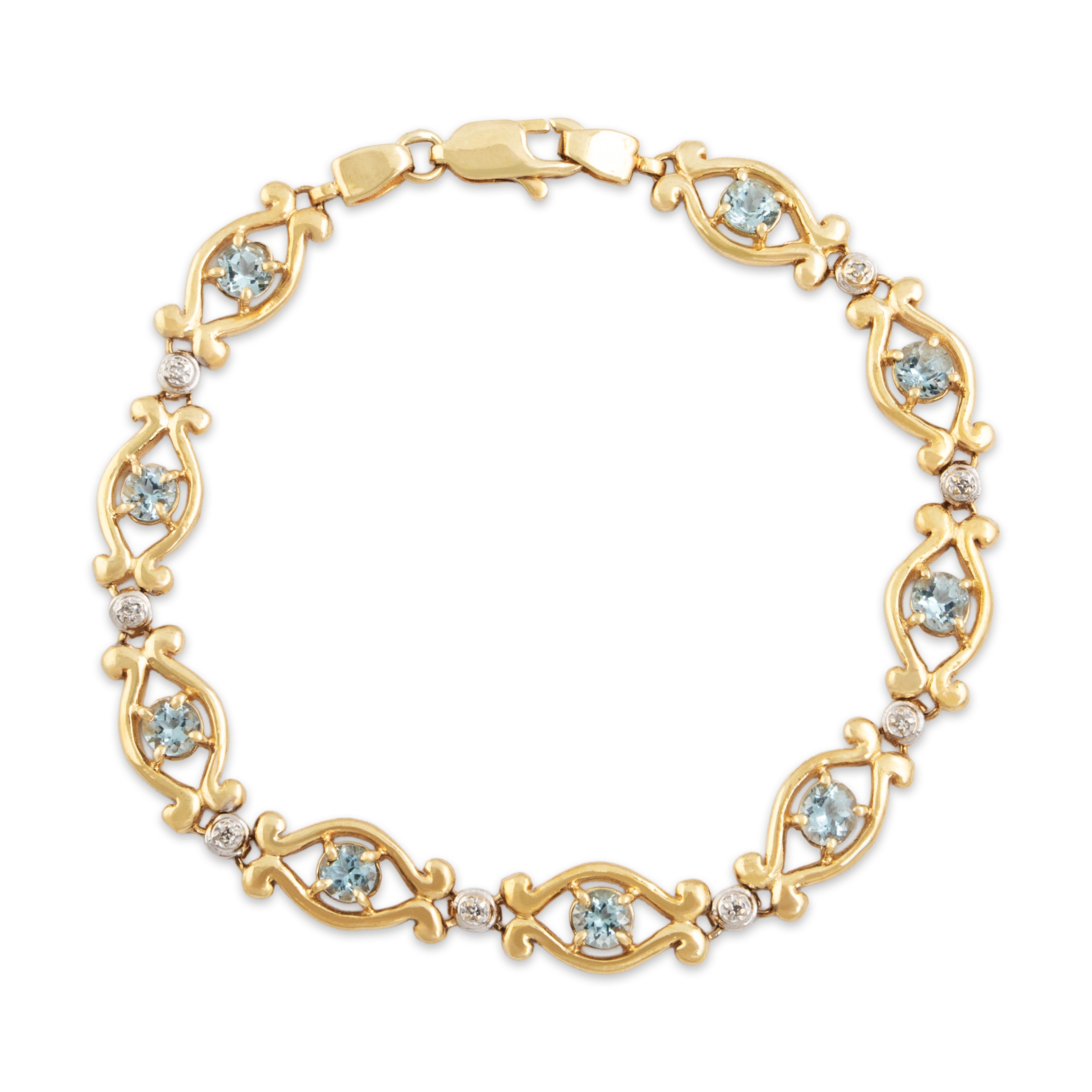 Vintage 10k Yellow Gold 2.1cttw Aquamarine Diamond Station Bracelet - Overall view