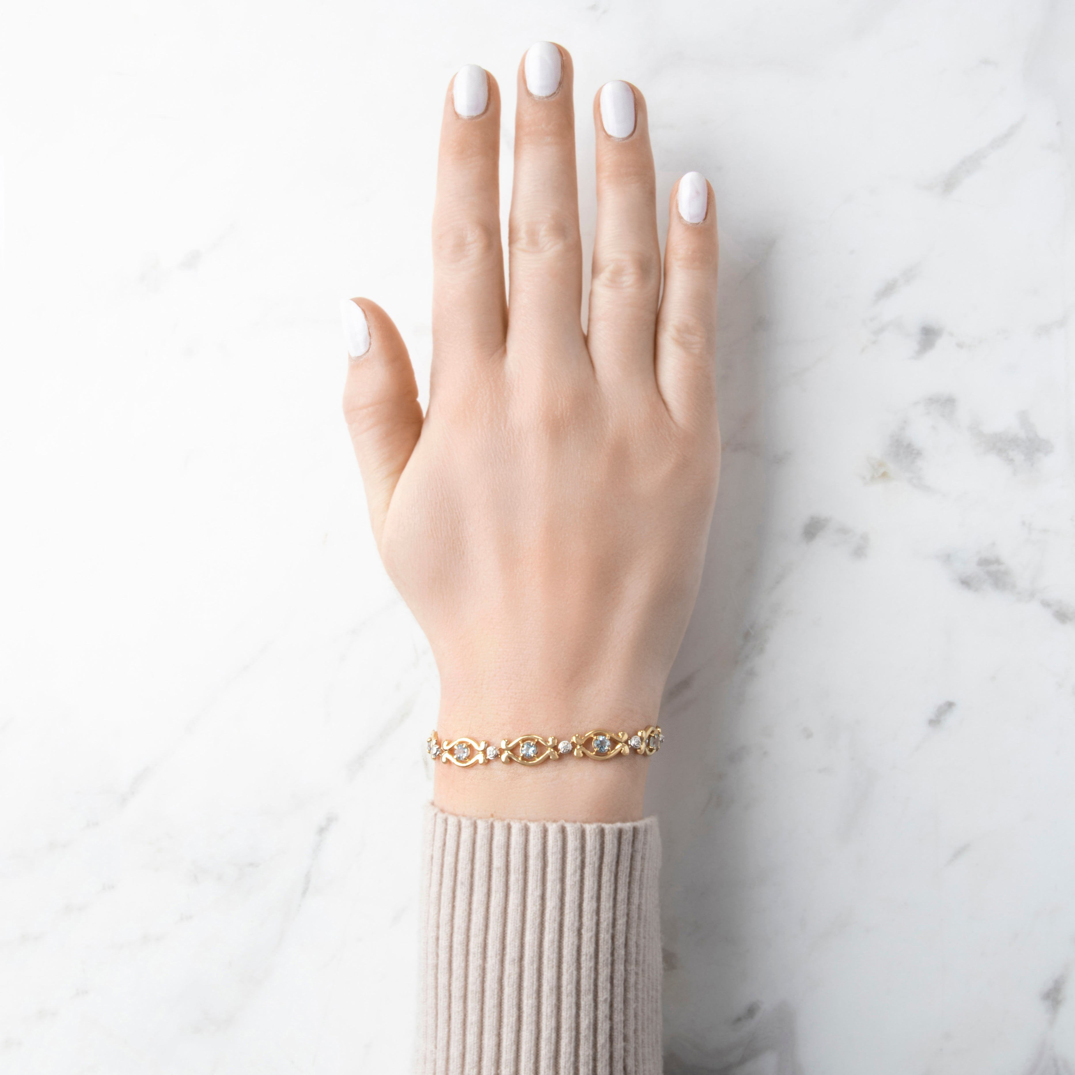 Vintage 10k Yellow Gold 2.1cttw Aquamarine Diamond Station Bracelet - On model view