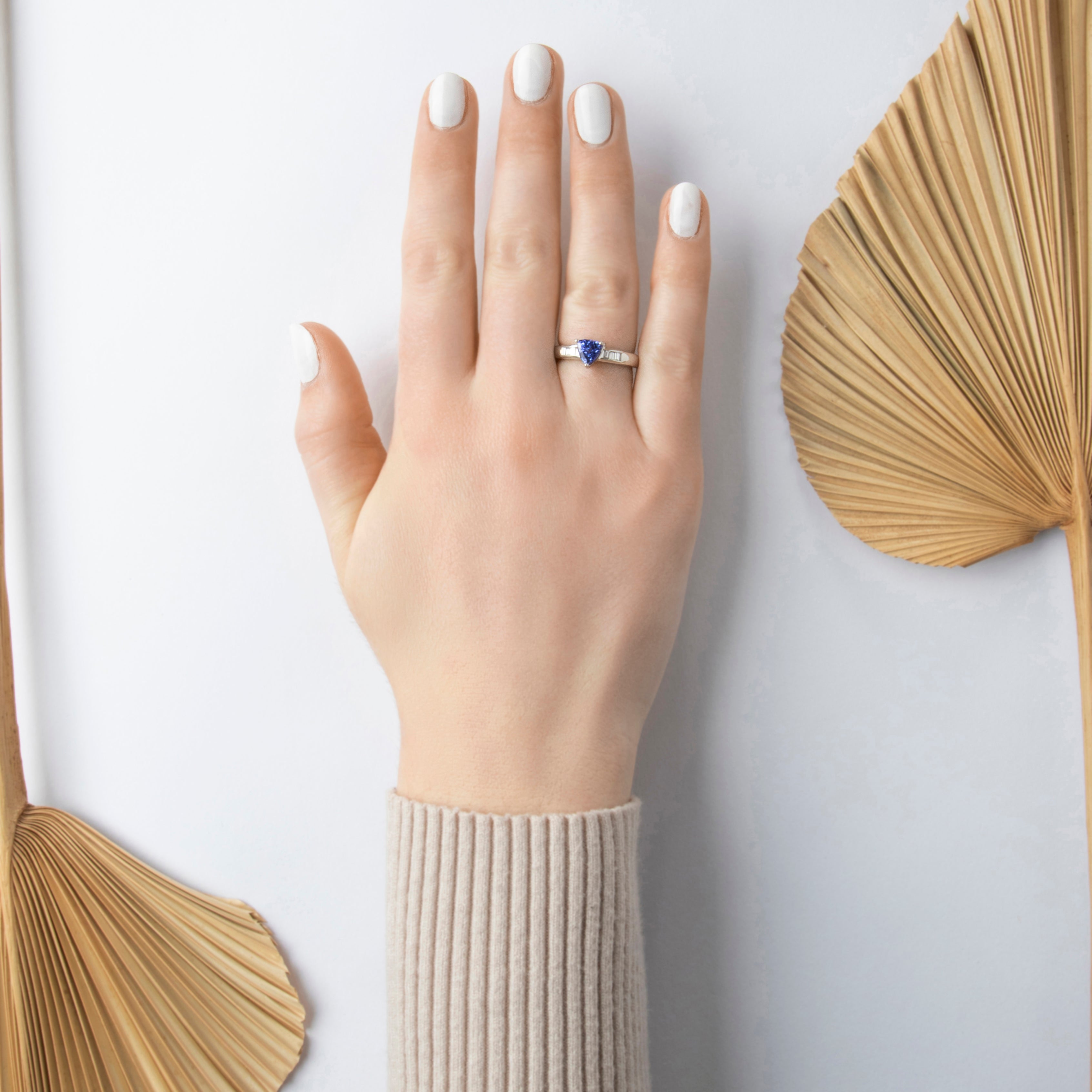 Vintage Platinum 1.05ct Tanzanite Diamond Trilliant Channel-Set Ring - On model view