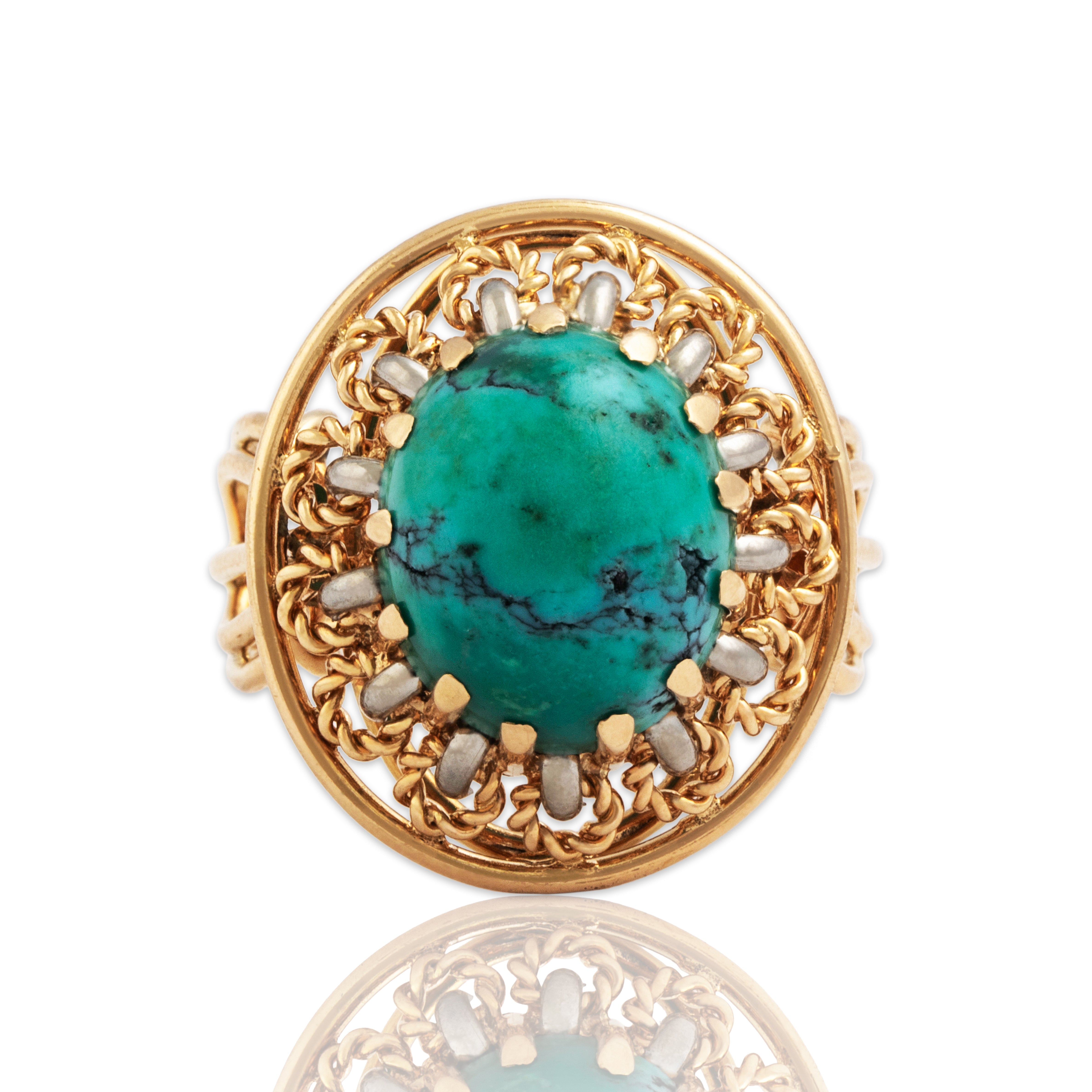 Vintage 18k Rosy Yellow & White Gold 4.9ct Turquoise Cabled Cabochon Ring - Close-up view