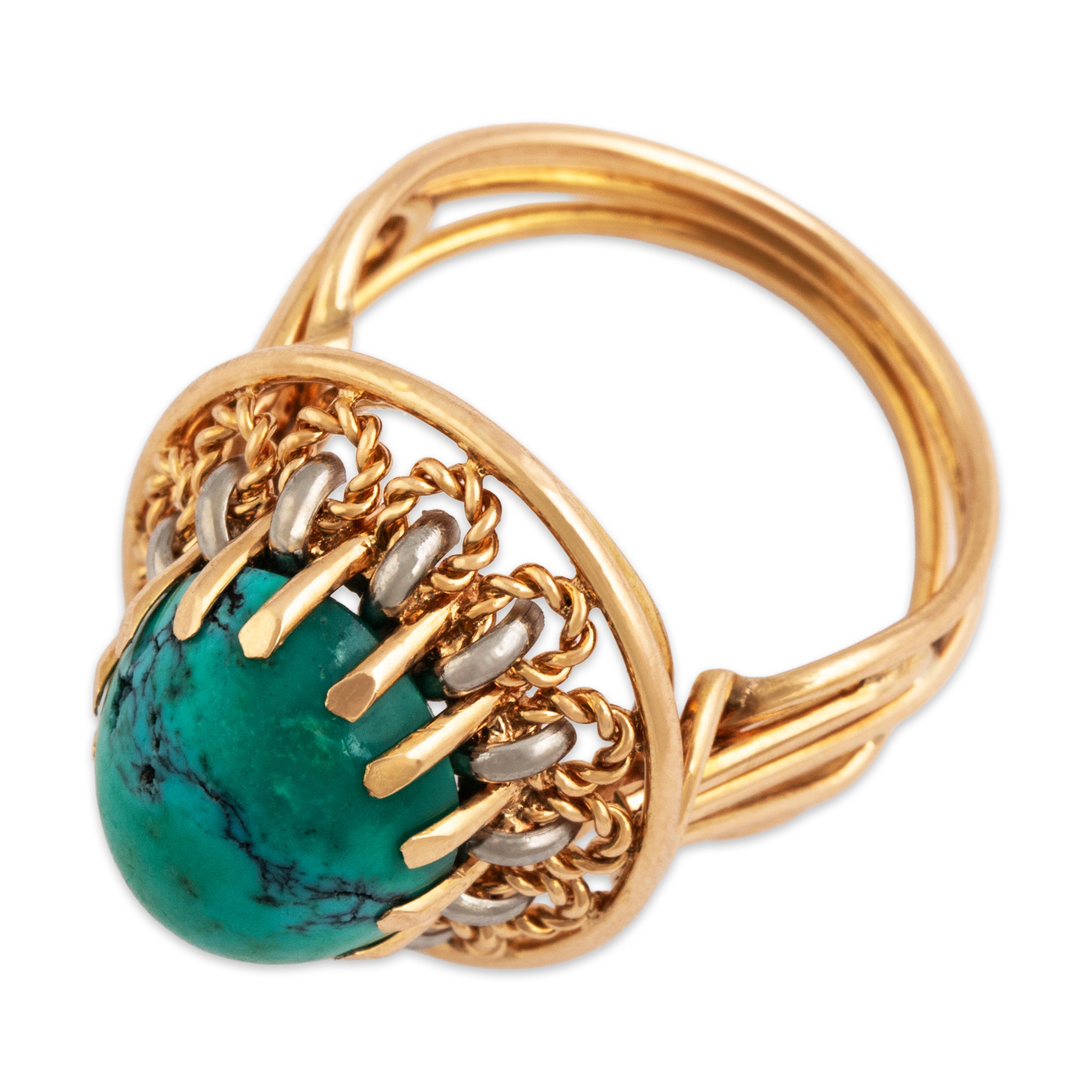 Vintage 18k Rosy Yellow & White Gold 4.9ct Turquoise Cabled Cabochon Ring - Overall view