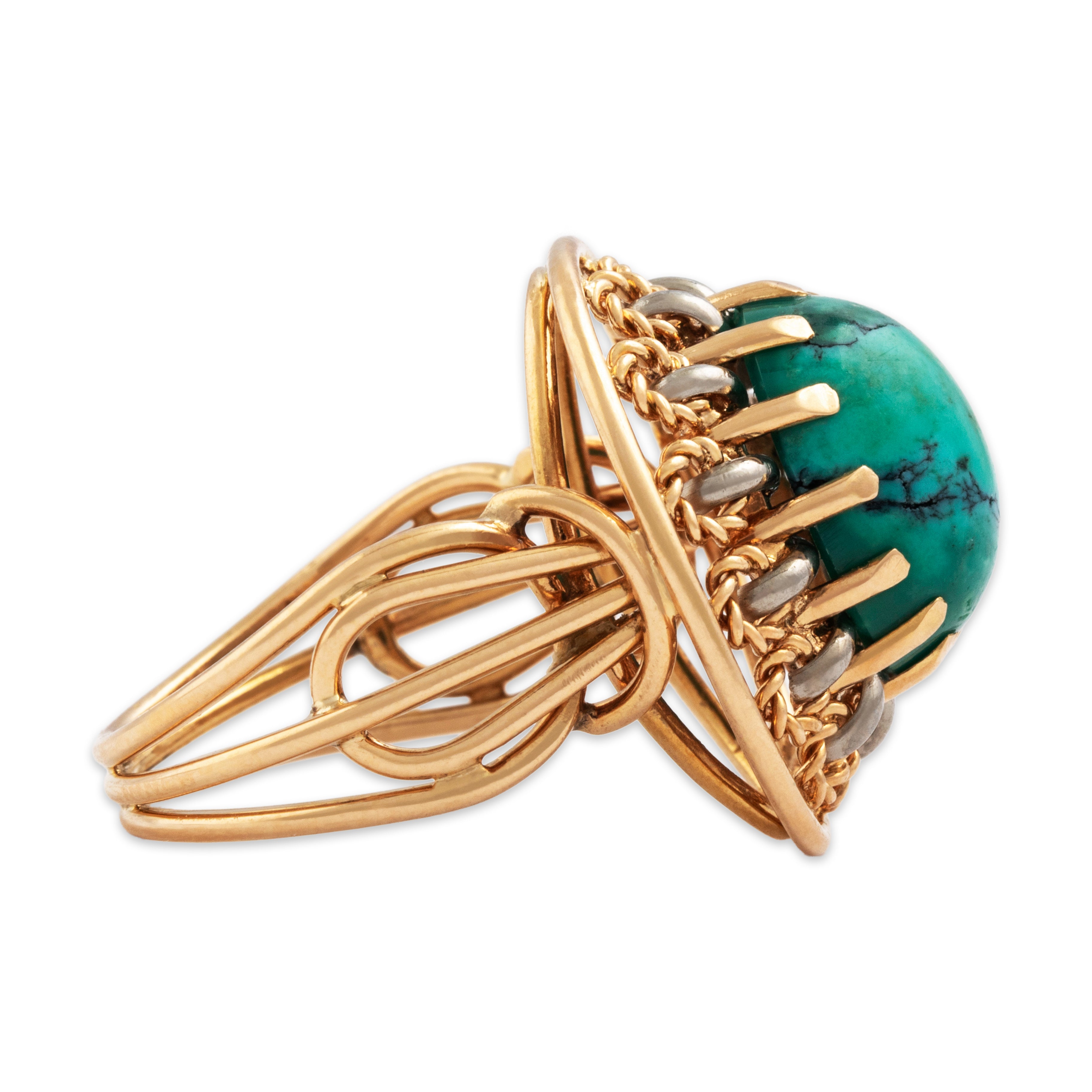 Vintage 18k Rosy Yellow & White Gold 4.9ct Turquoise Cabled Cabochon Ring - Side view
