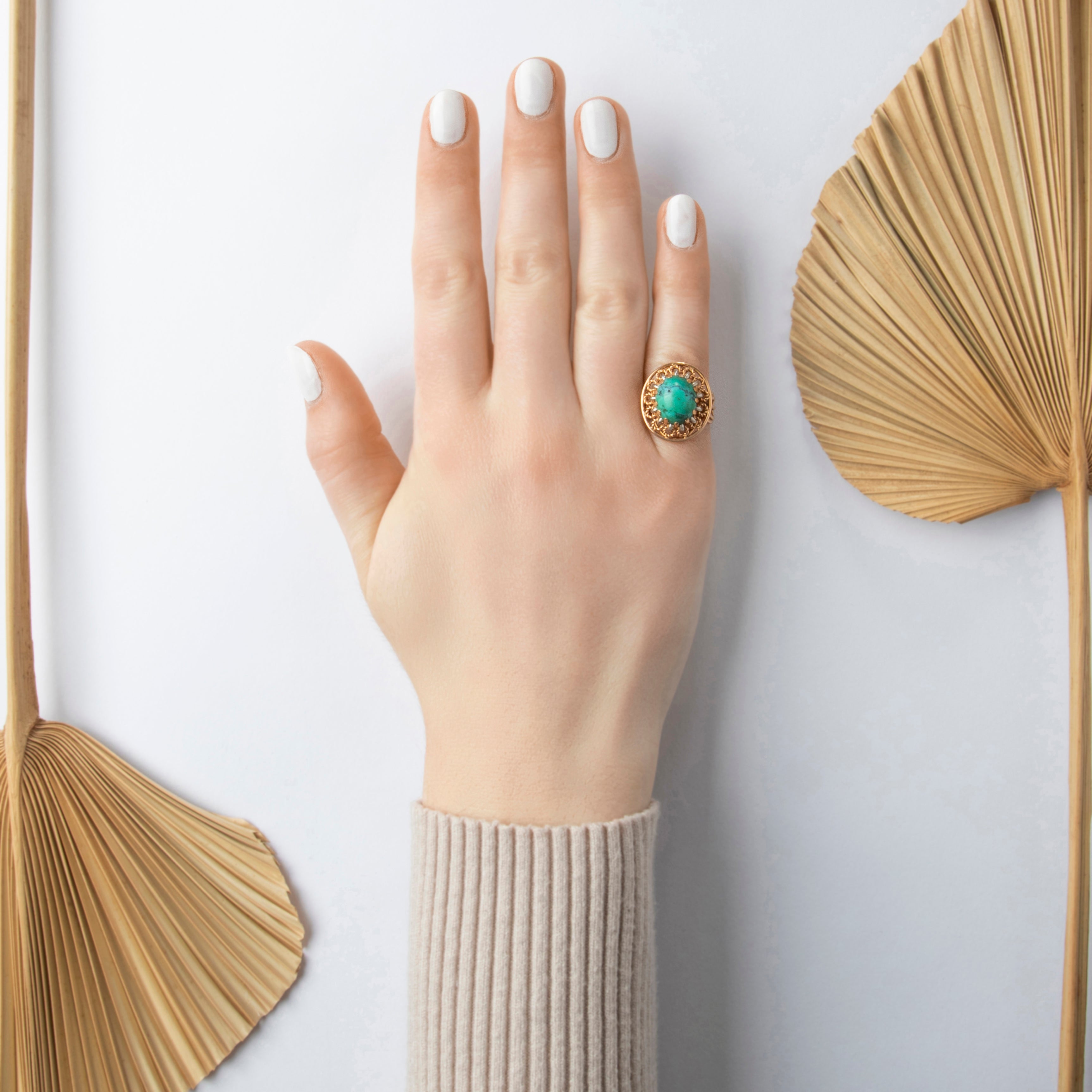 Vintage 18k Rosy Yellow & White Gold 4.9ct Turquoise Cabled Cabochon Ring - On model view