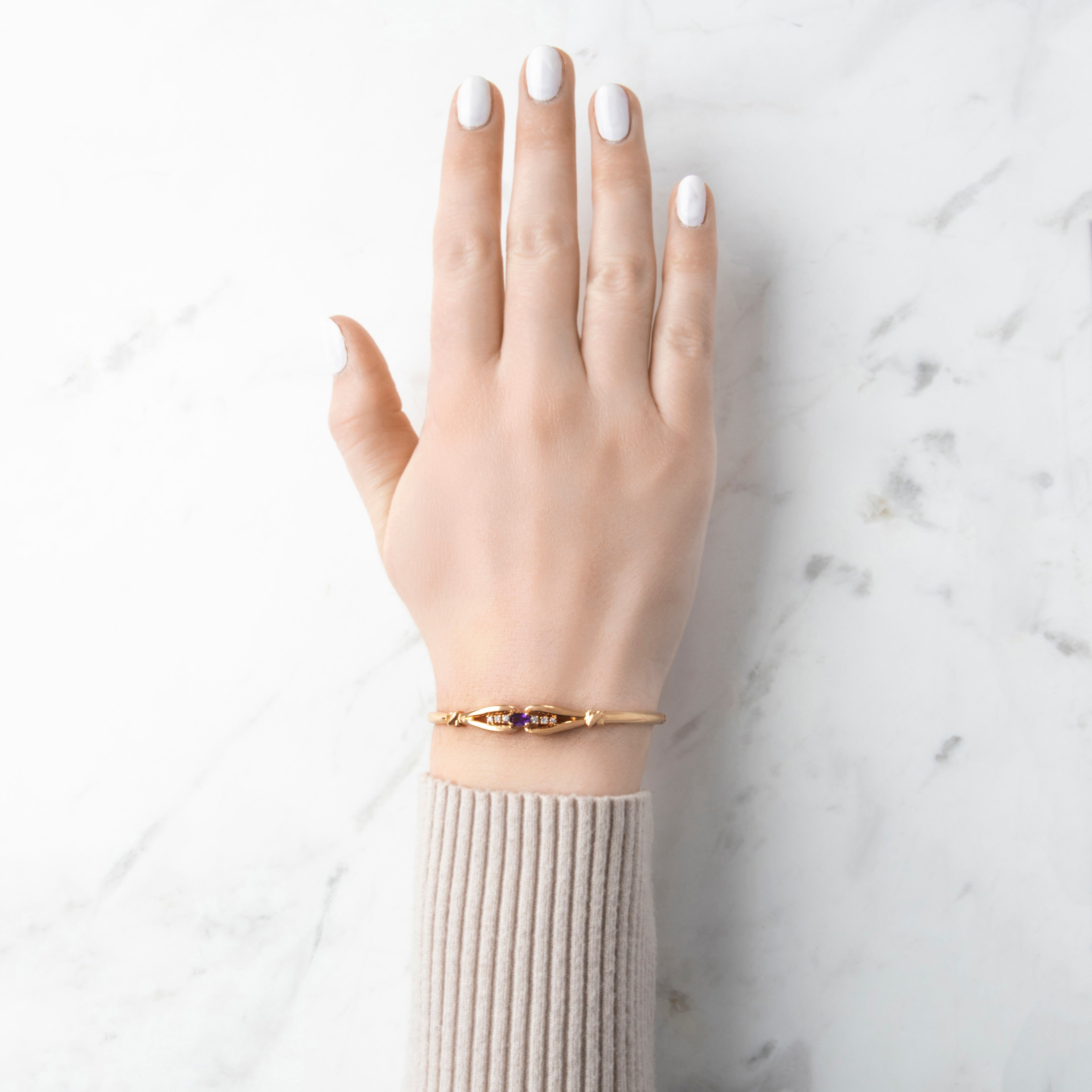 Vintage 14k Yellow Gold Amethyst Diamond Pretty Looping Bangle Bracelet - On model view