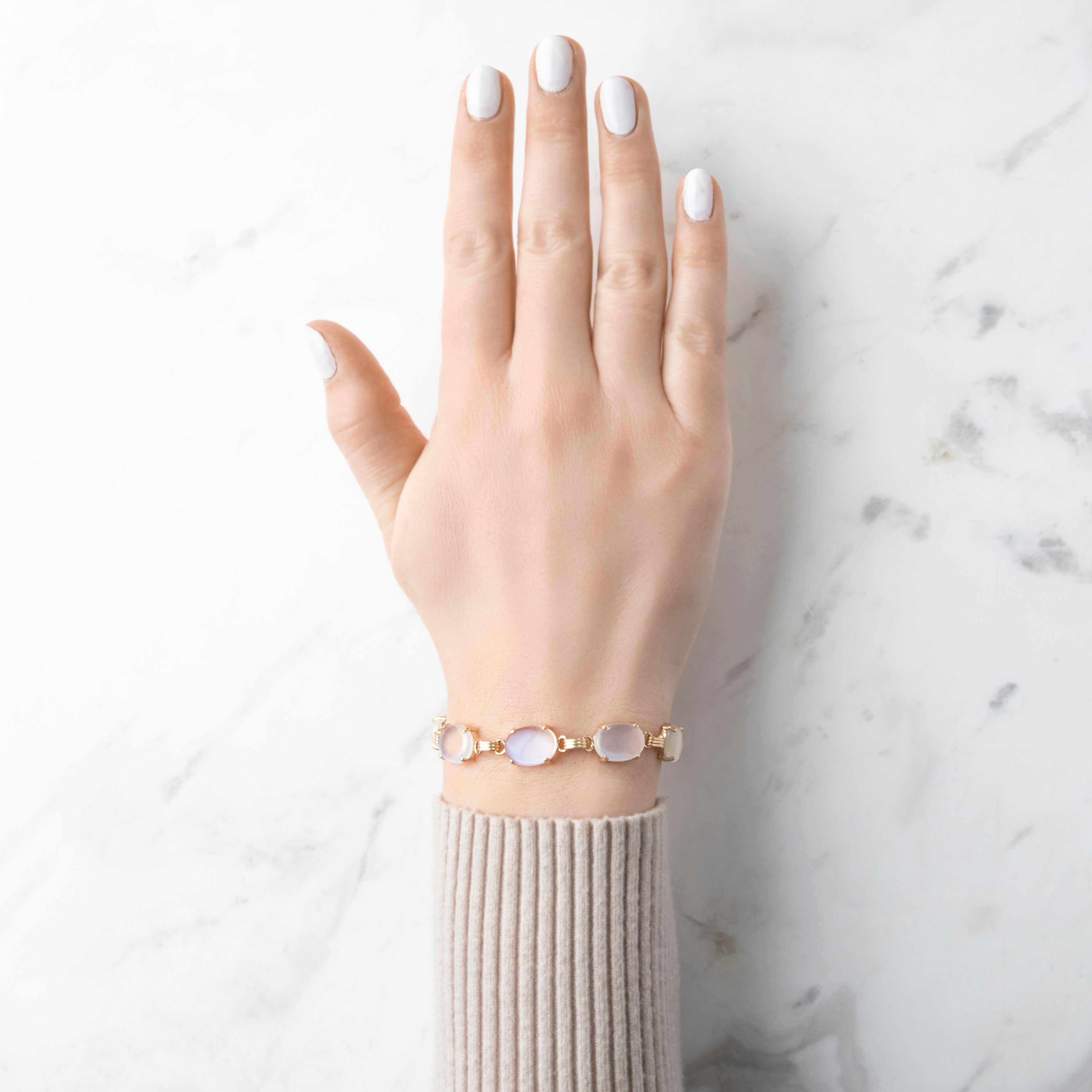 Vintage 14k Yellow Gold 23cttw Moonstone Wonderful Oval Cabochon Bracelet - On model view