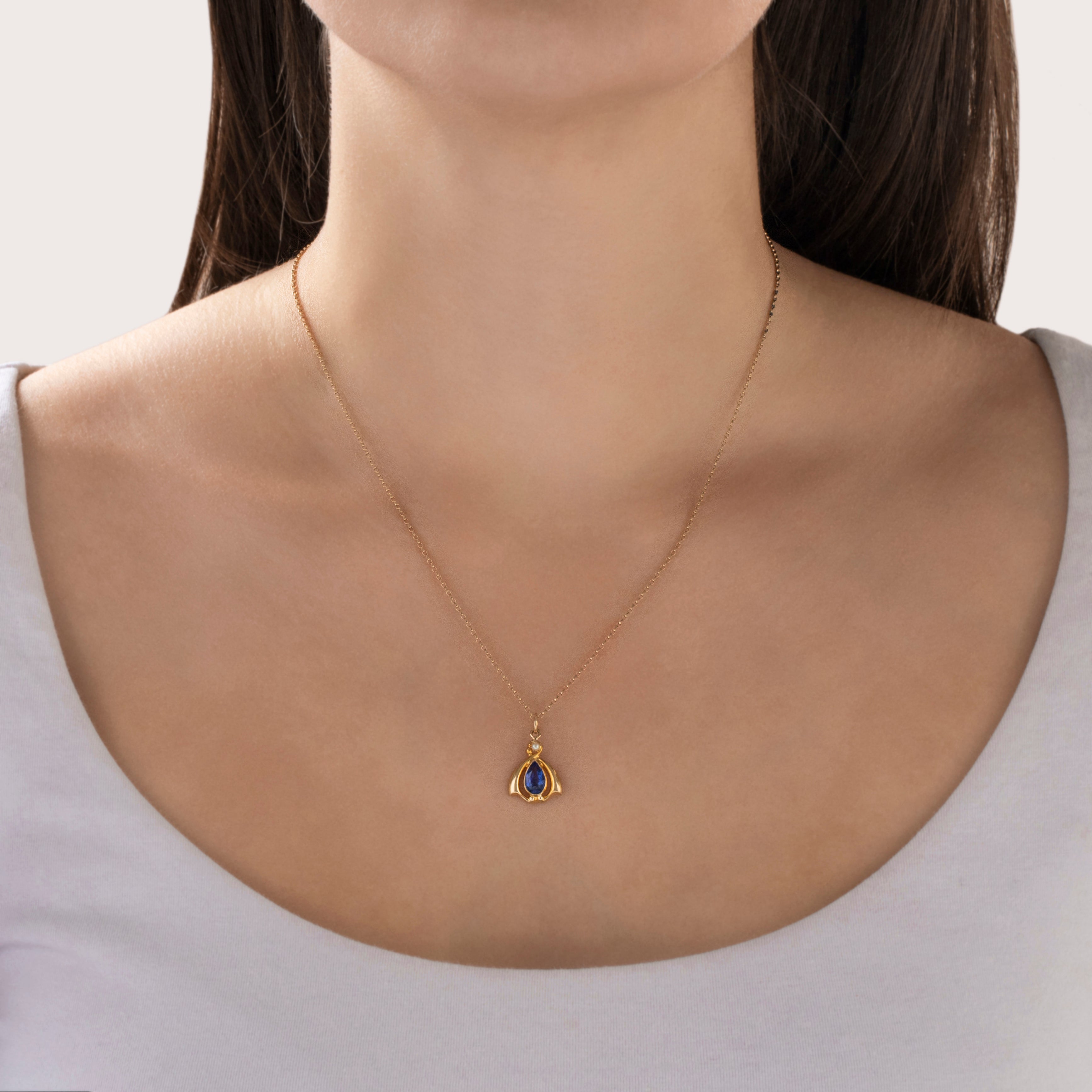 Antique Art Nouveau 14k Yellow Gold Glass Pearl Swirling Charm / Pendant - On model view