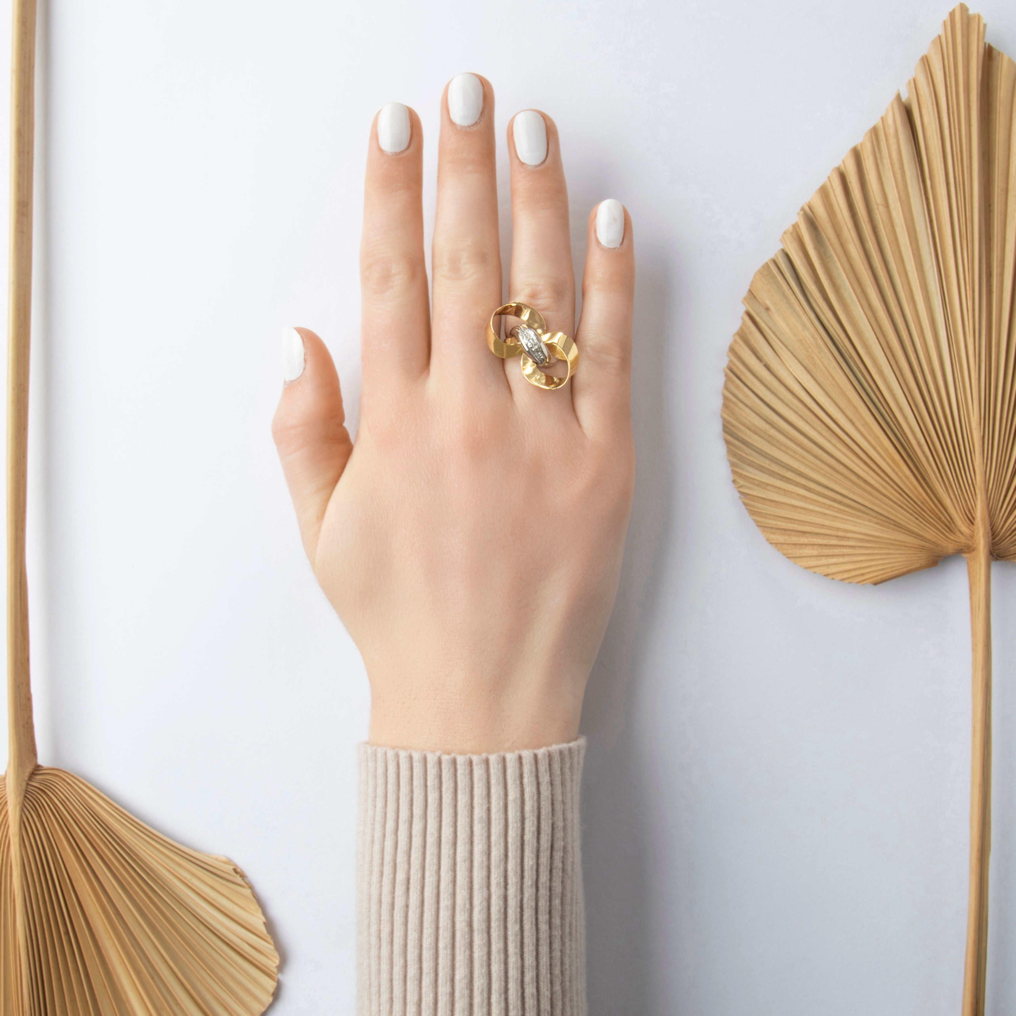 Vintage Italian 18k Yellow & White Gold Diamond Fabulous Cocktail Ring - On model view