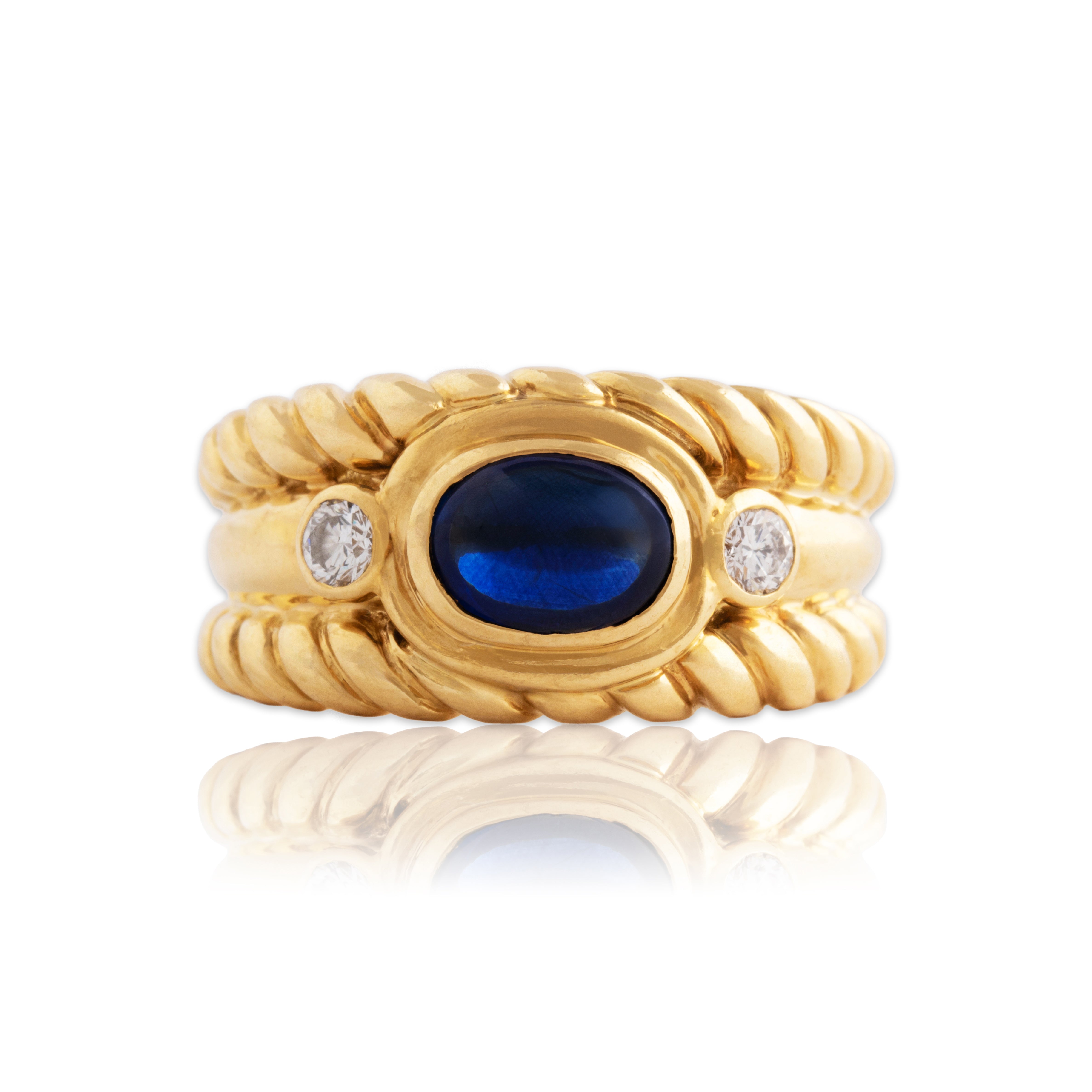 Vintage Heavy 18k Yellow Gold 2.07ct Blue Sapphire Diamond Wide Cabled Ring 9.75