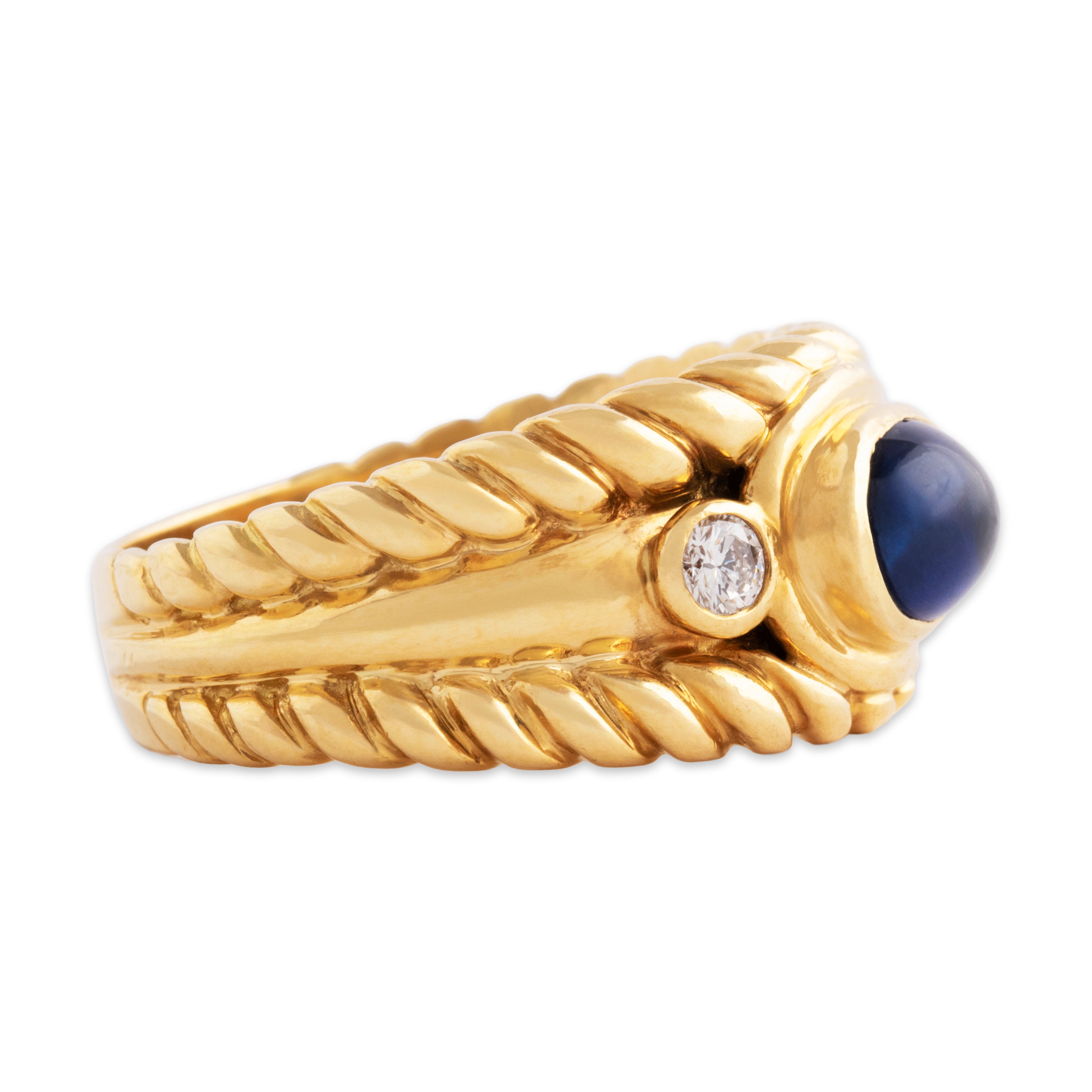 Vintage Heavy 18k Yellow Gold 2.07ct Blue Sapphire Diamond Wide Cabled Ring 9.75