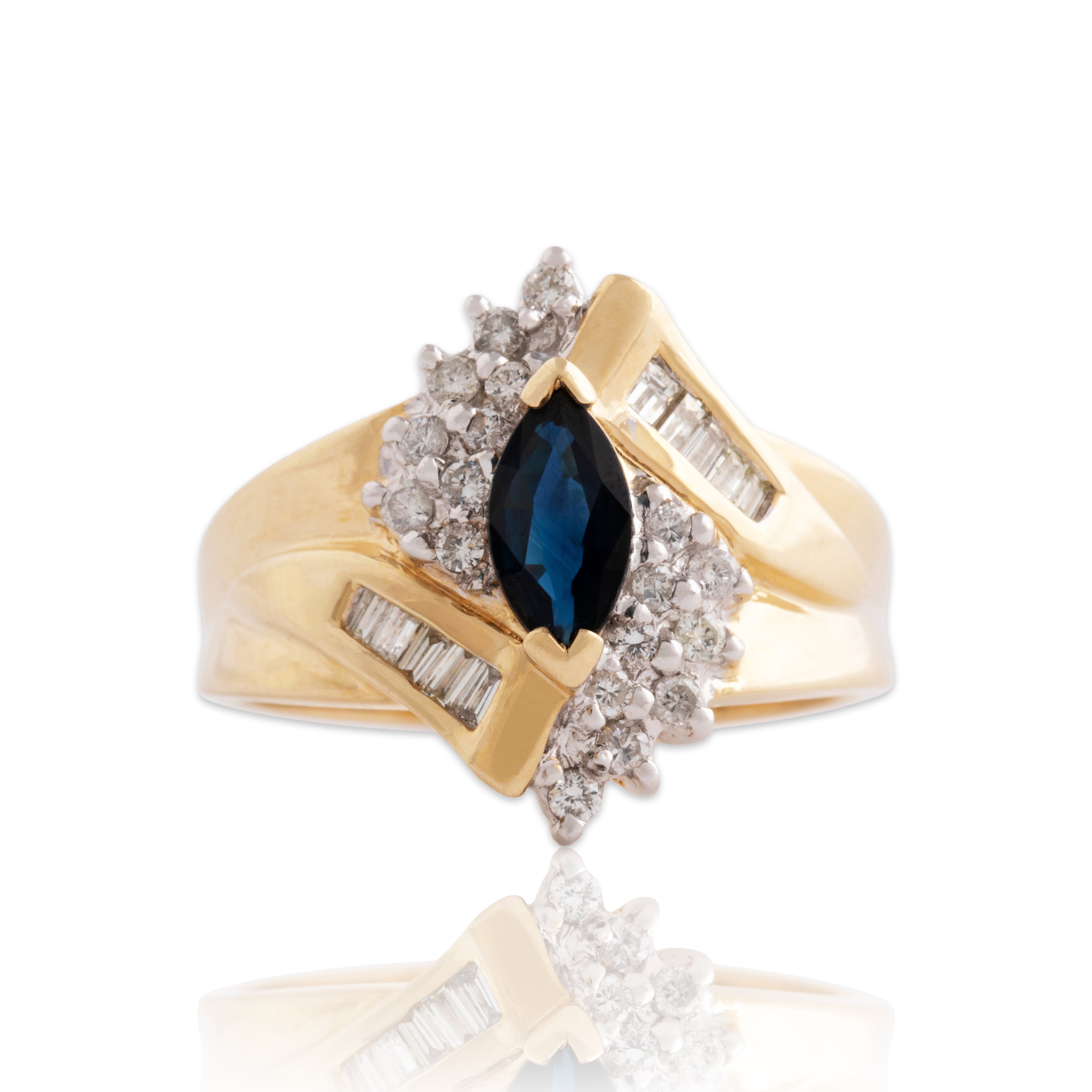 Vintage 14k Yellow Gold Blue Sapphire Diamond Mixed-Cut Bypass Ring - Close-up view