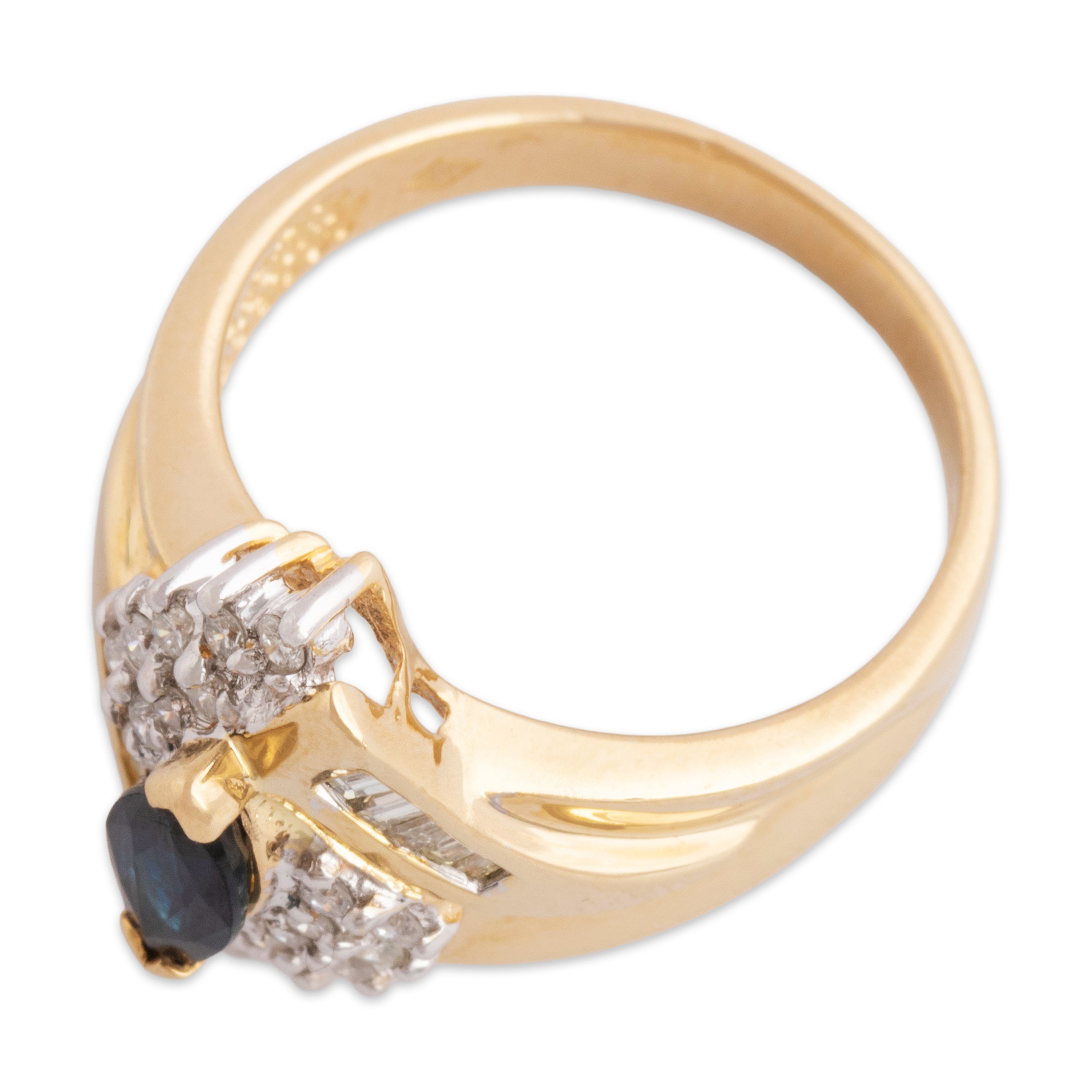 Vintage 14k Yellow Gold Blue Sapphire Diamond Mixed-Cut Bypass Ring - Overall view