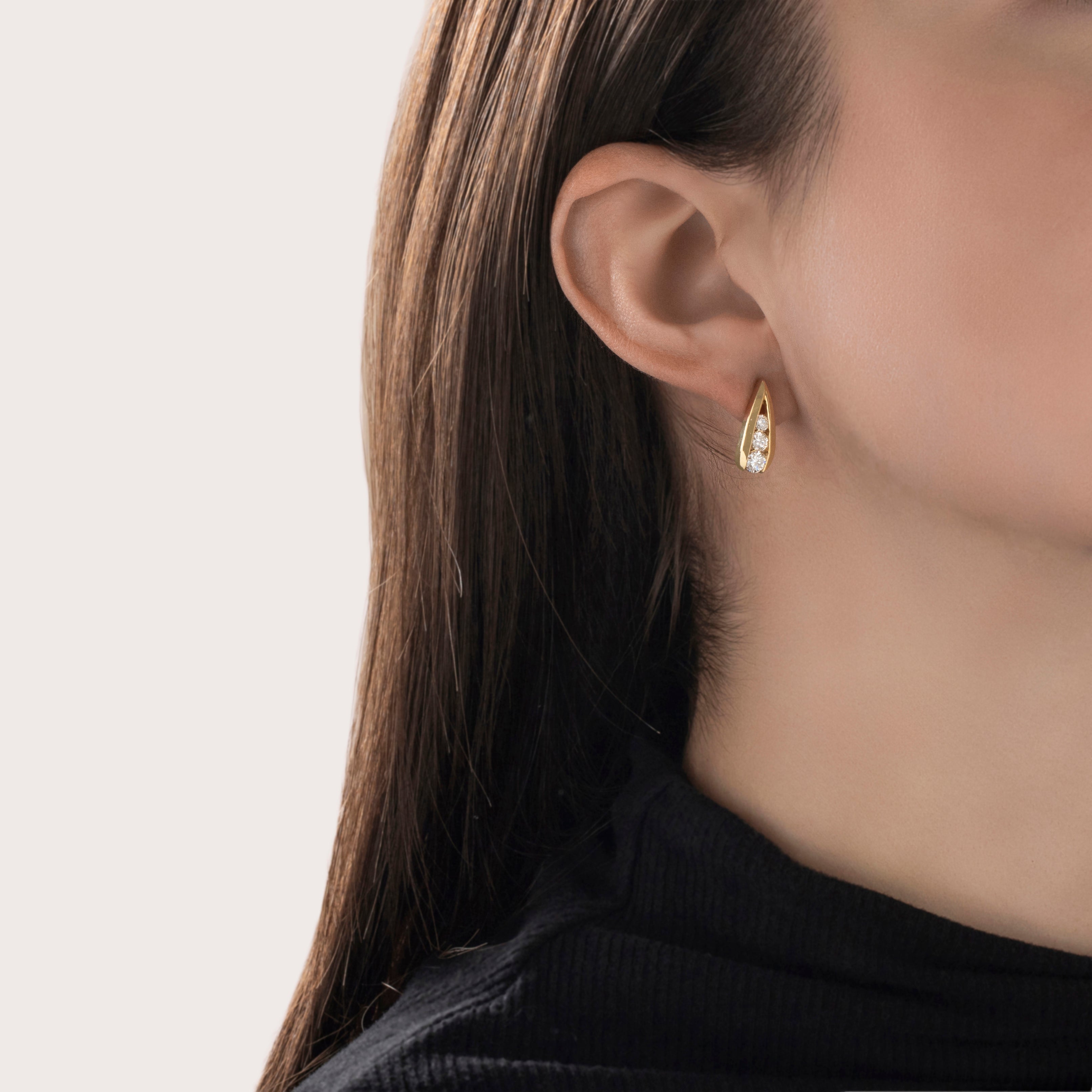 Vintage 18k Yellow Gold .842cttw Diamond Chic Split Trio Stud Earrings - On model view