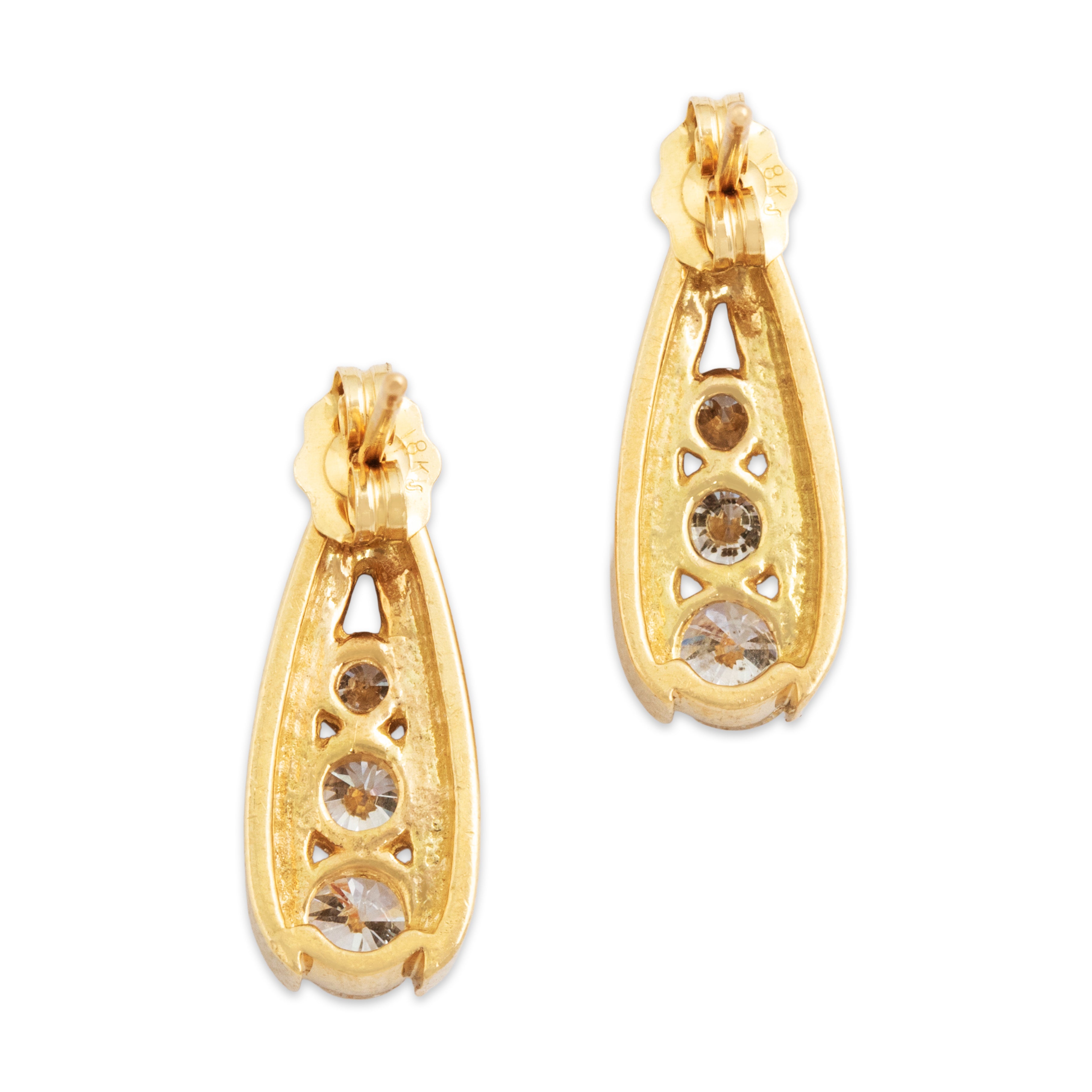 Vintage 18k Yellow Gold .842cttw Diamond Chic Split Trio Stud Earrings - Back view