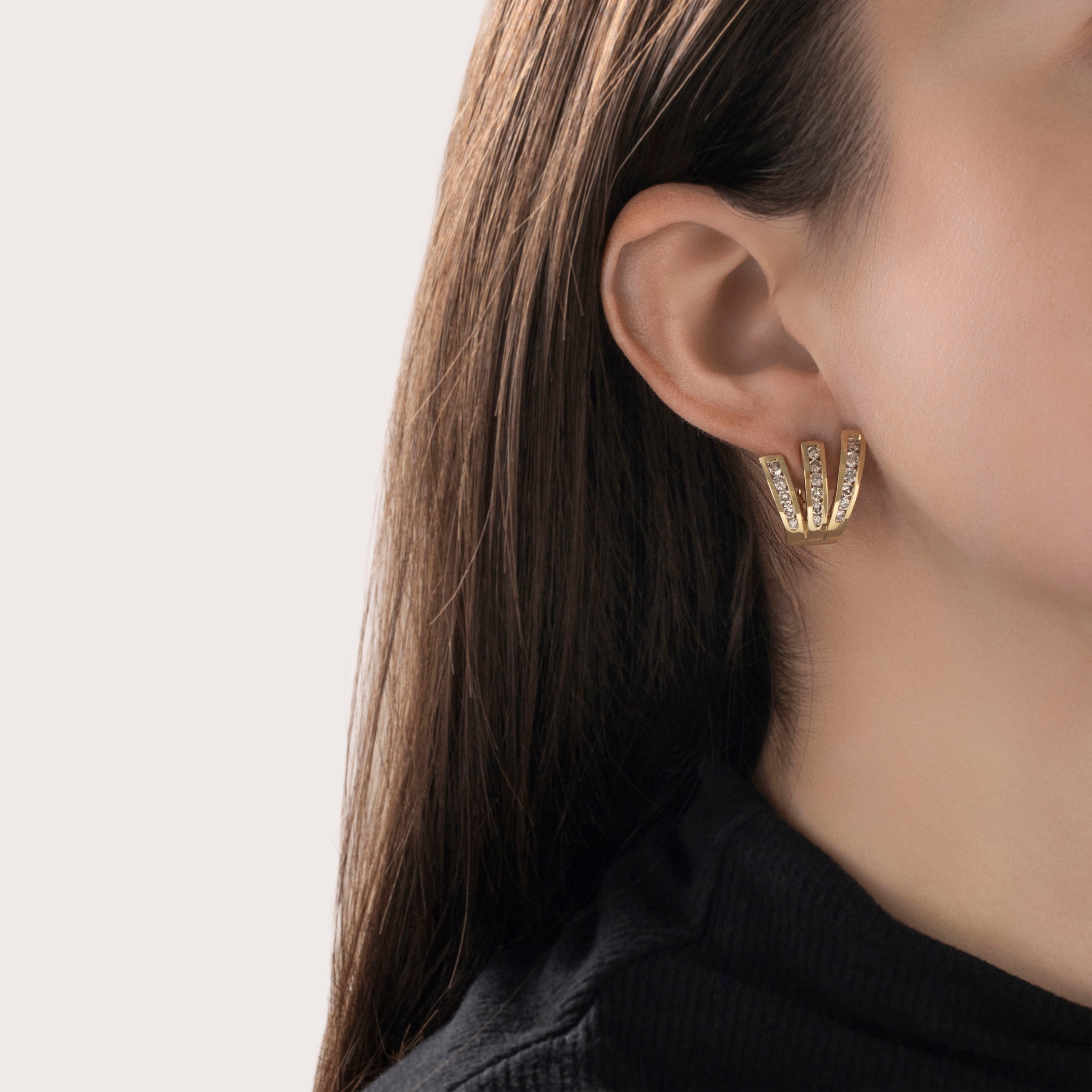 Vintage Large 14k Yellow Gold 1.988cttw Diamond Climbing Stud Earrings- On model view