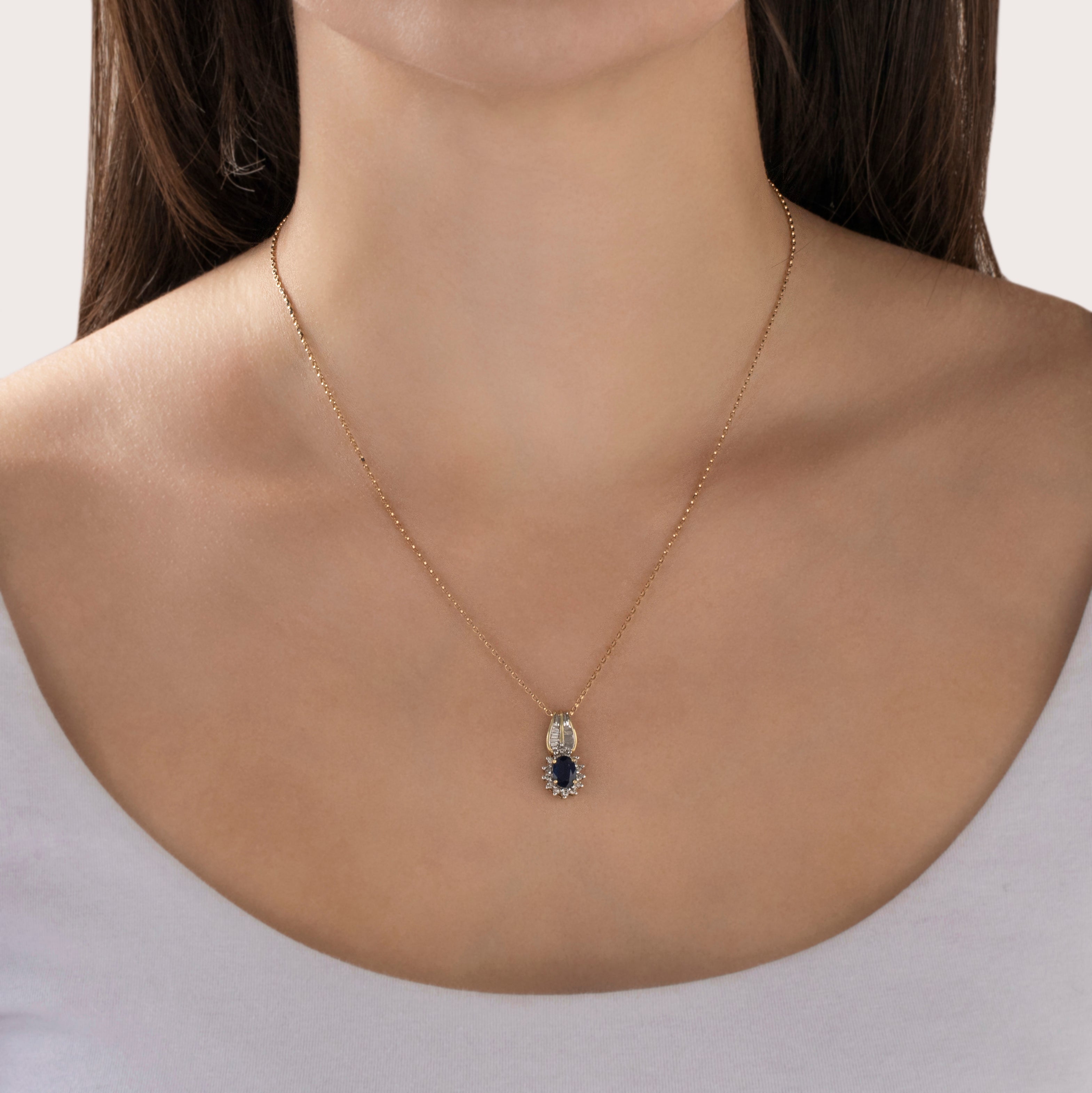 Vintage 10k Yellow & White Gold Sapphire Diamond Baguette Accented Pendant - On model view