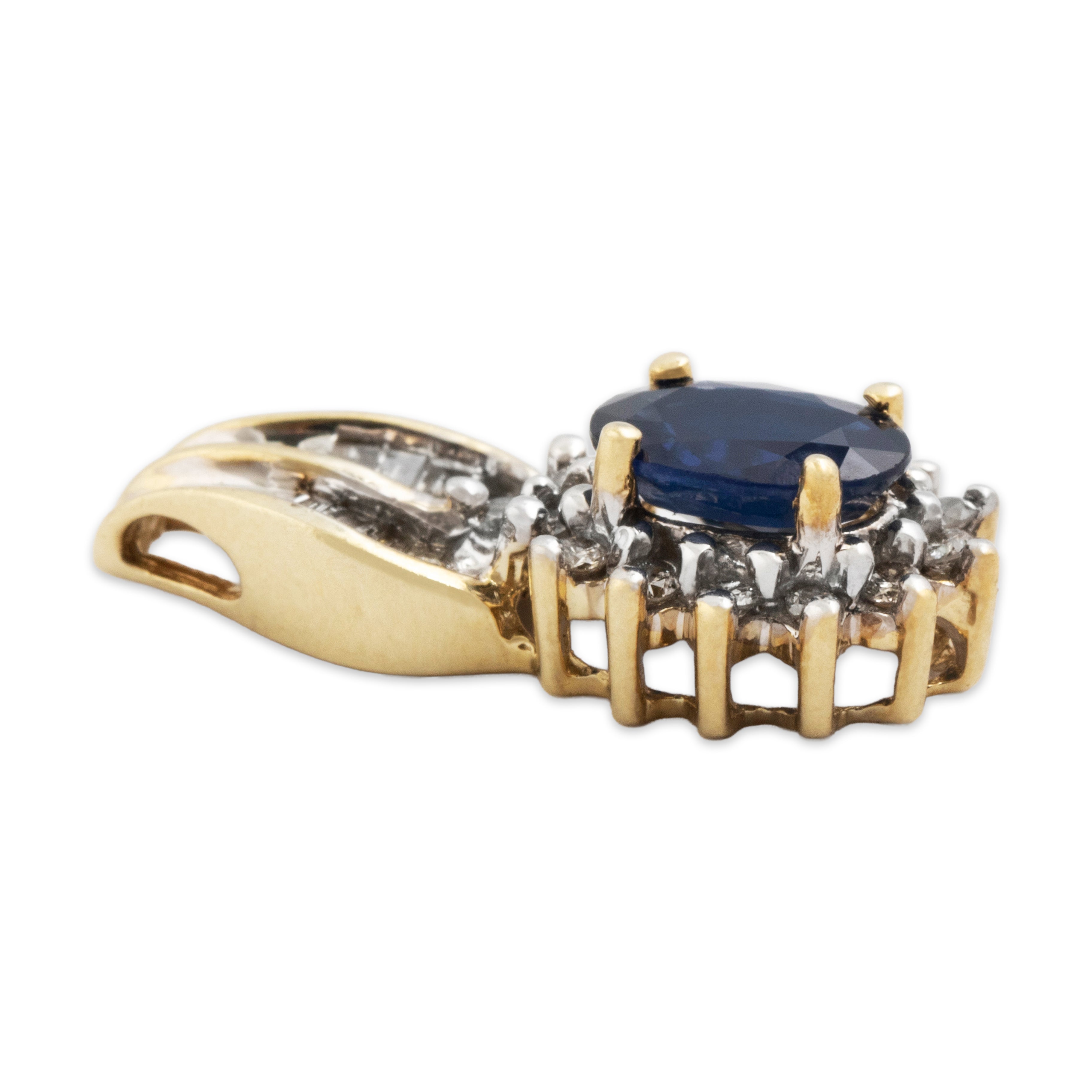 Vintage 10k Yellow & White Gold Sapphire Diamond Baguette Accented Pendant - Side view