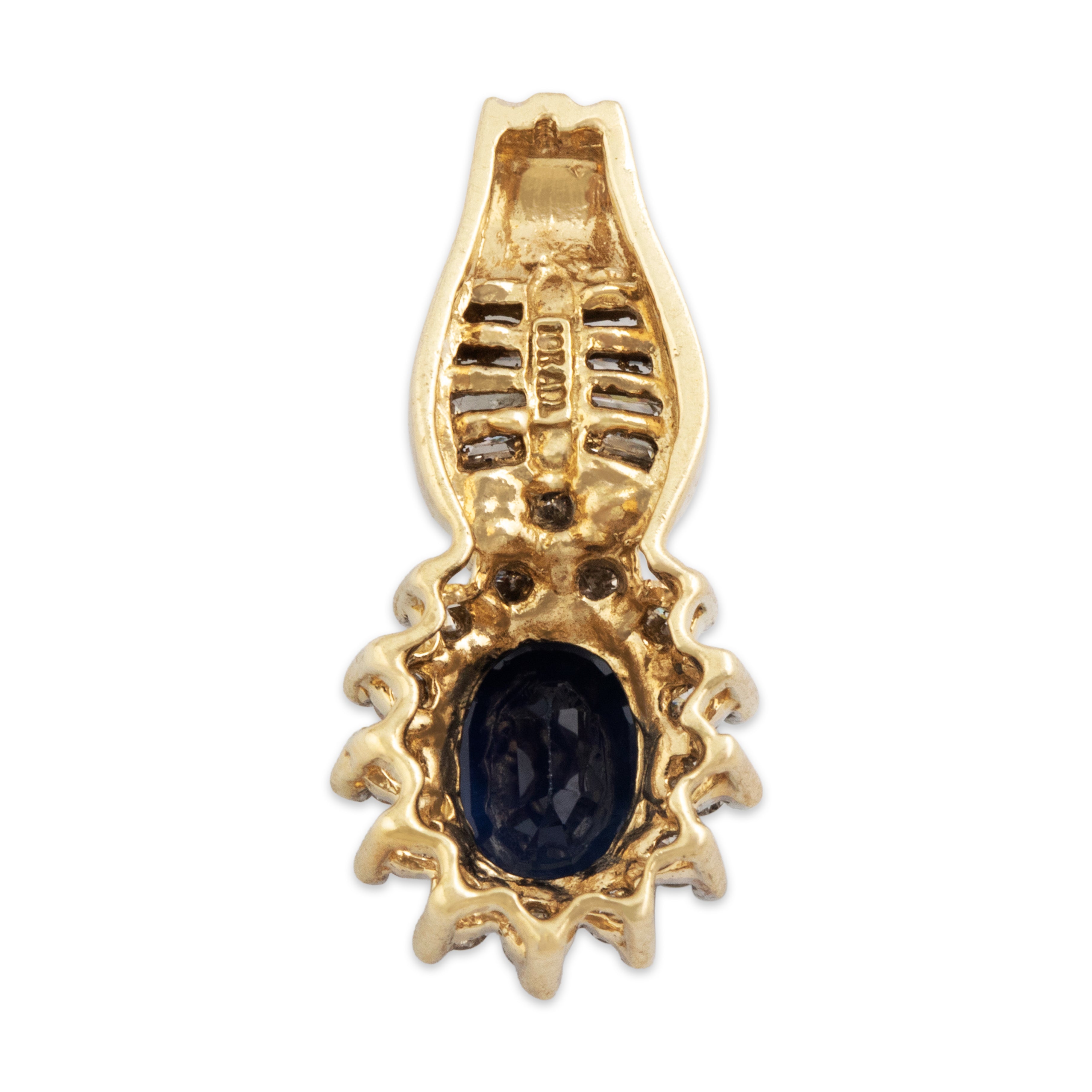 Vintage 10k Yellow & White Gold Sapphire Diamond Baguette Accented Pendant - Back view