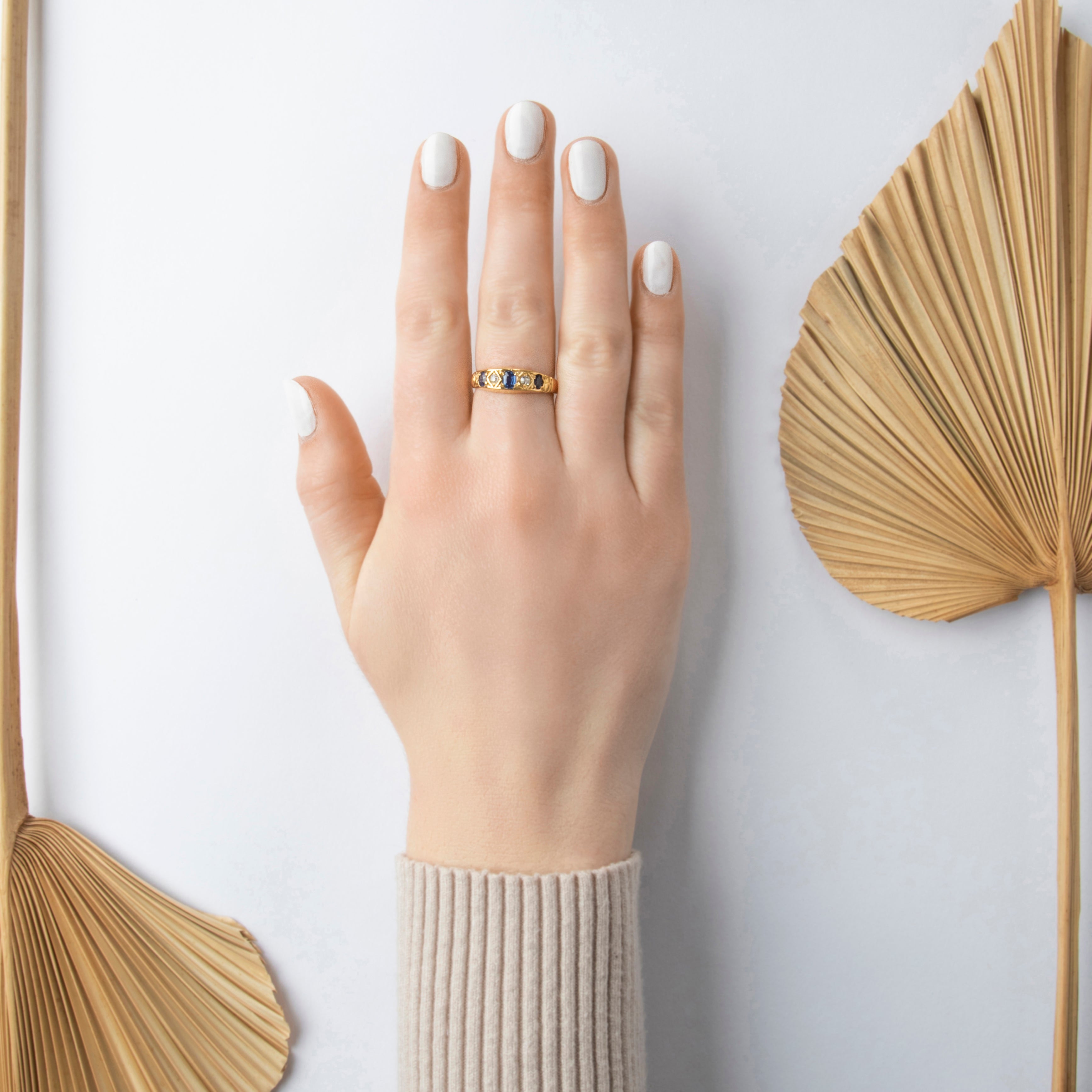 Antique 18k Yellow Gold Sapphire Old Mine Diamond Impressive Band Ring - On model view