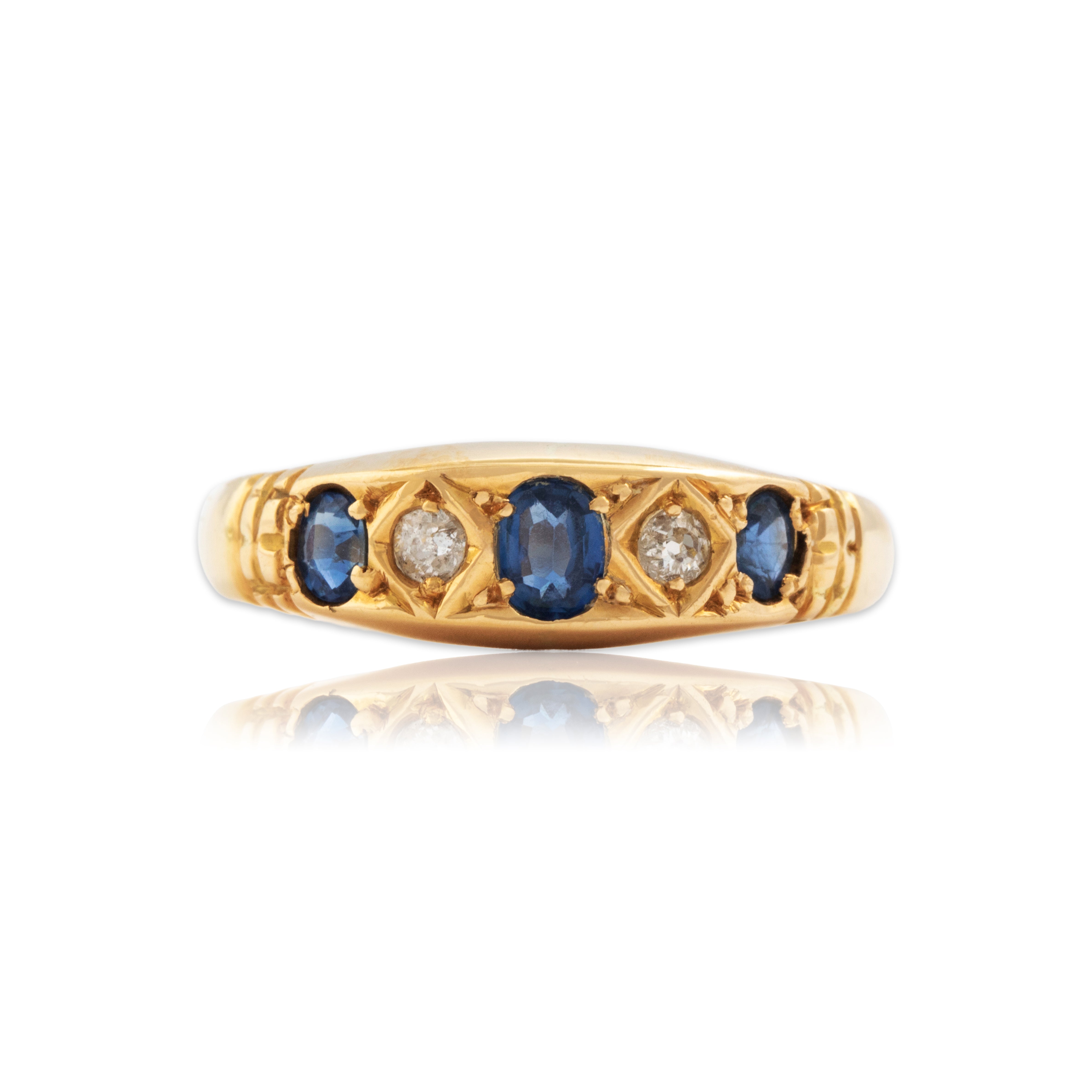 Antique 18k Yellow Gold Sapphire Old Mine Diamond Impressive Band Ring - Close-up view