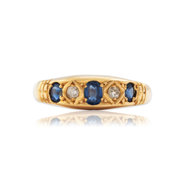 Antique 18k Yellow Gold .55cttw Sapphire Old Mine Diamond Band Ring 6.5