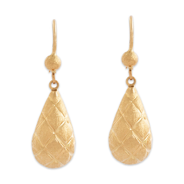 Vintage 14k Yellow Gold Criss-Cross Textured Teardrop Dangle Earrings