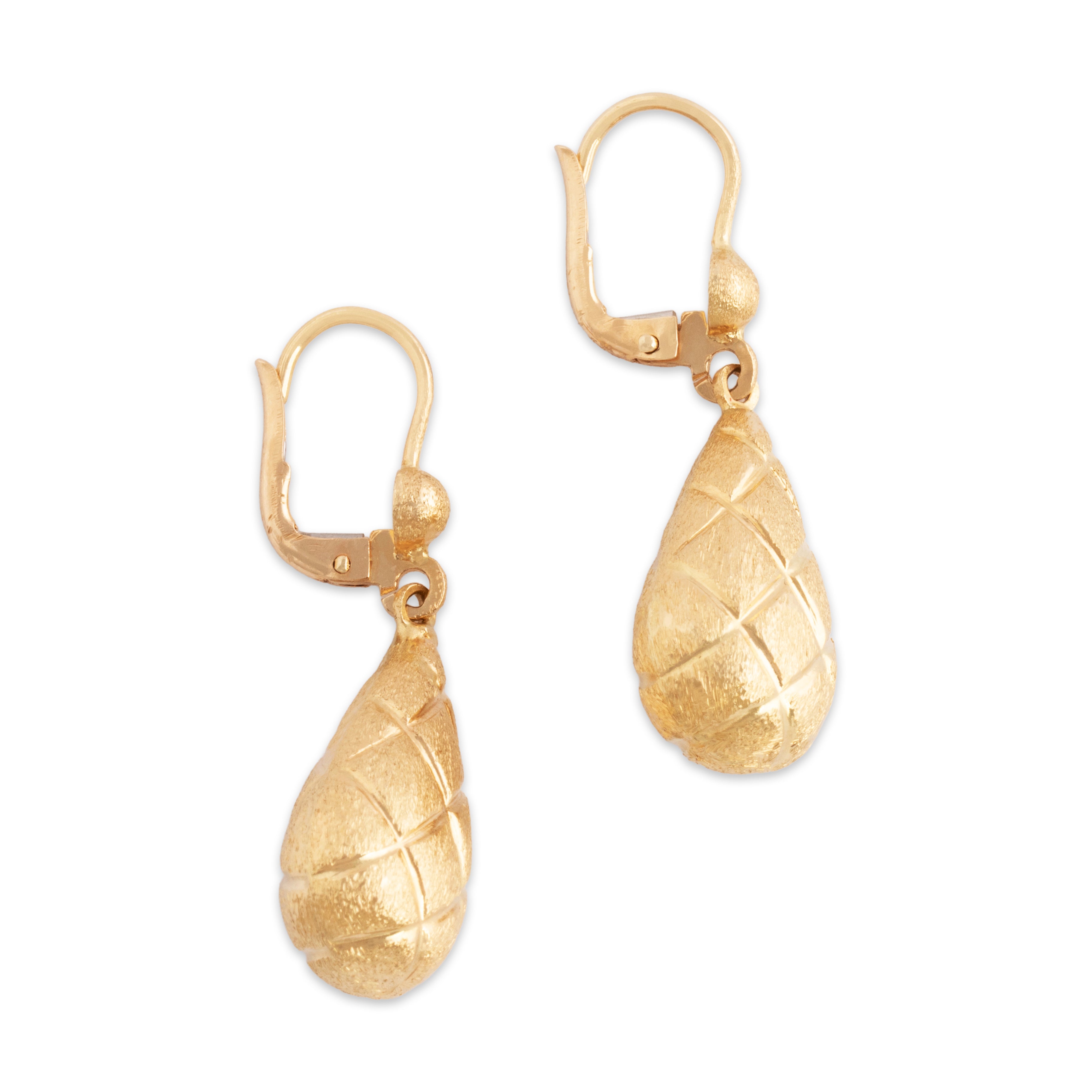 Vintage 14k Yellow Gold Criss-Cross Textured Teardrop Dangle Earrings- Side view