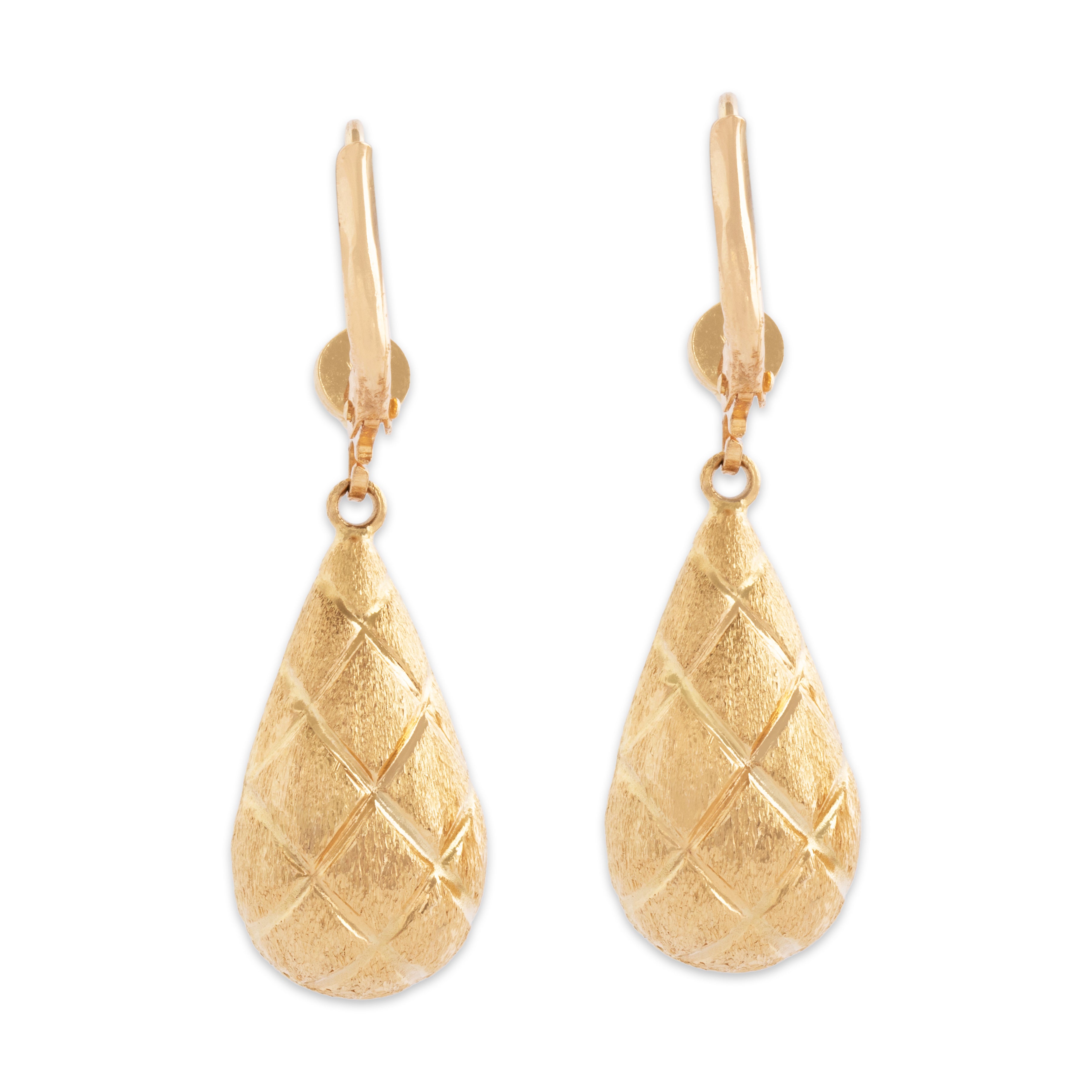 Vintage 14k Yellow Gold Criss-Cross Textured Teardrop Dangle Earrings- Back view