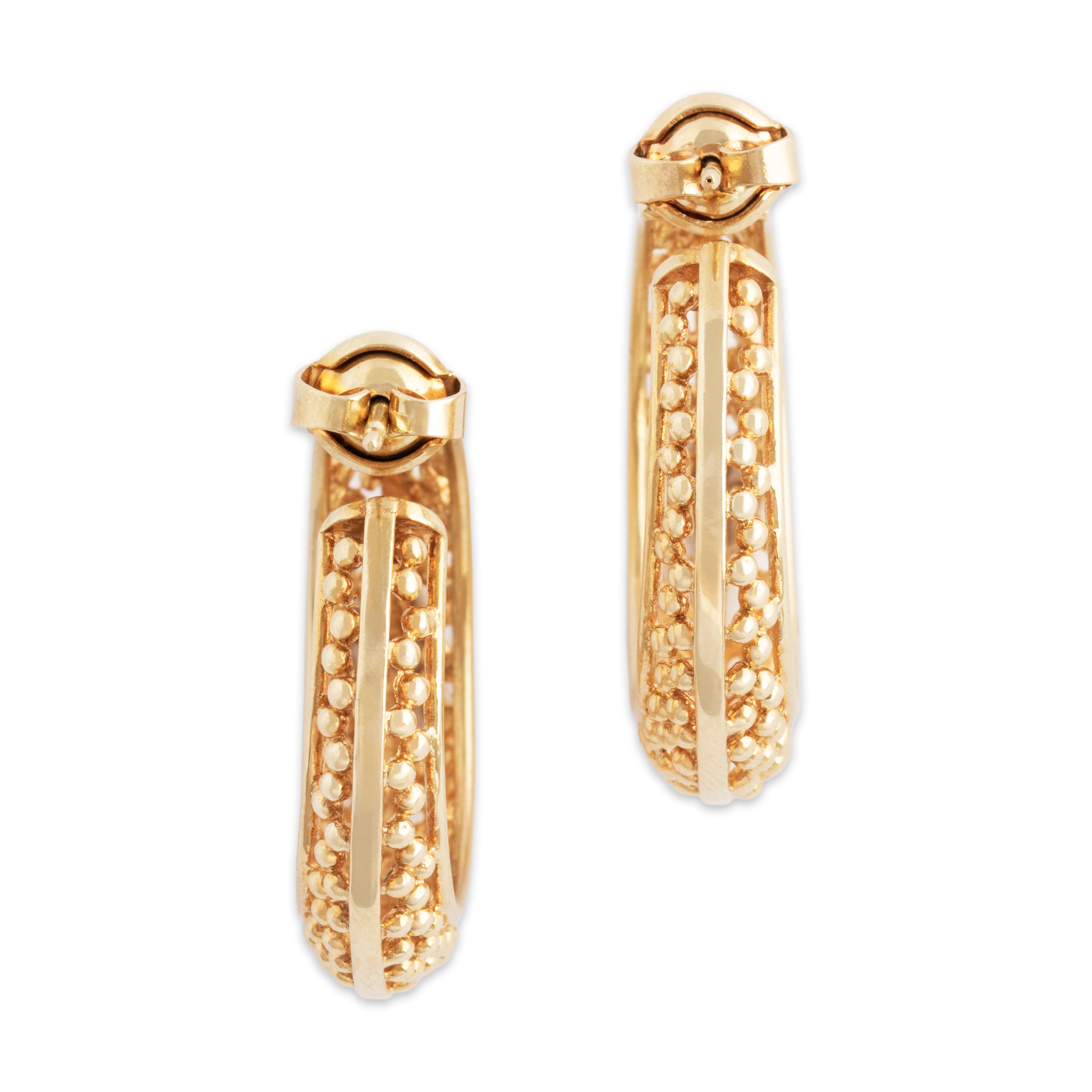 Vintage 14k Yellow Gold Beaded Design Hoop Earrings - Back view