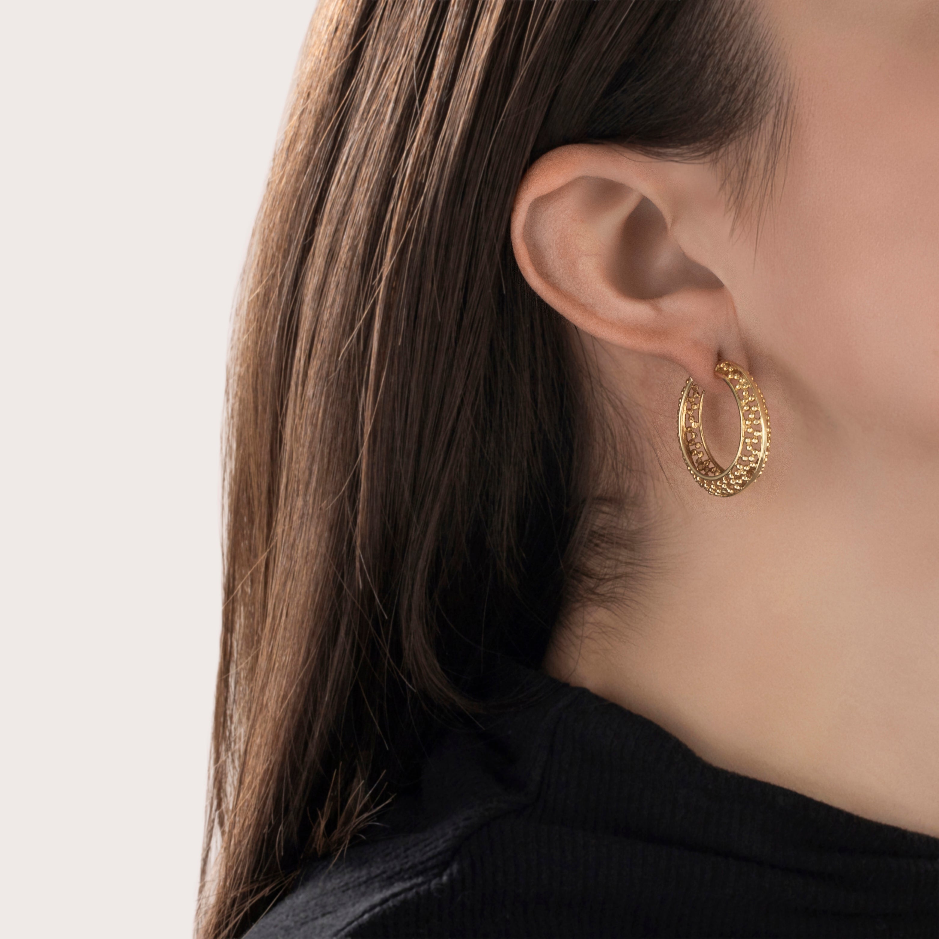 Vintage 14k Yellow Gold Beaded Design Hoop Earrings - On model view