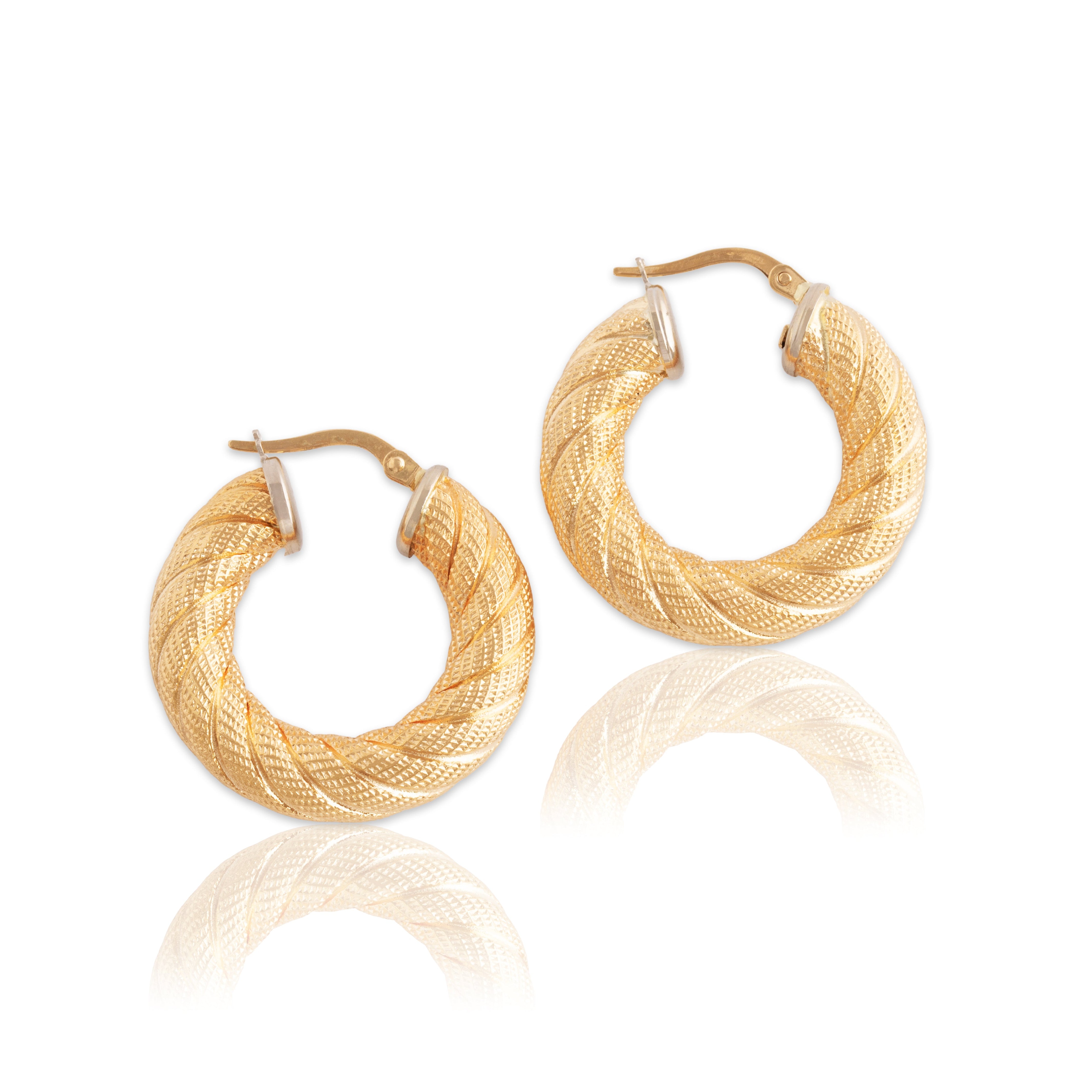 Vintage Italian 18k Yellow & White Gold Rope Textured Hoop Earrings - Close-up view