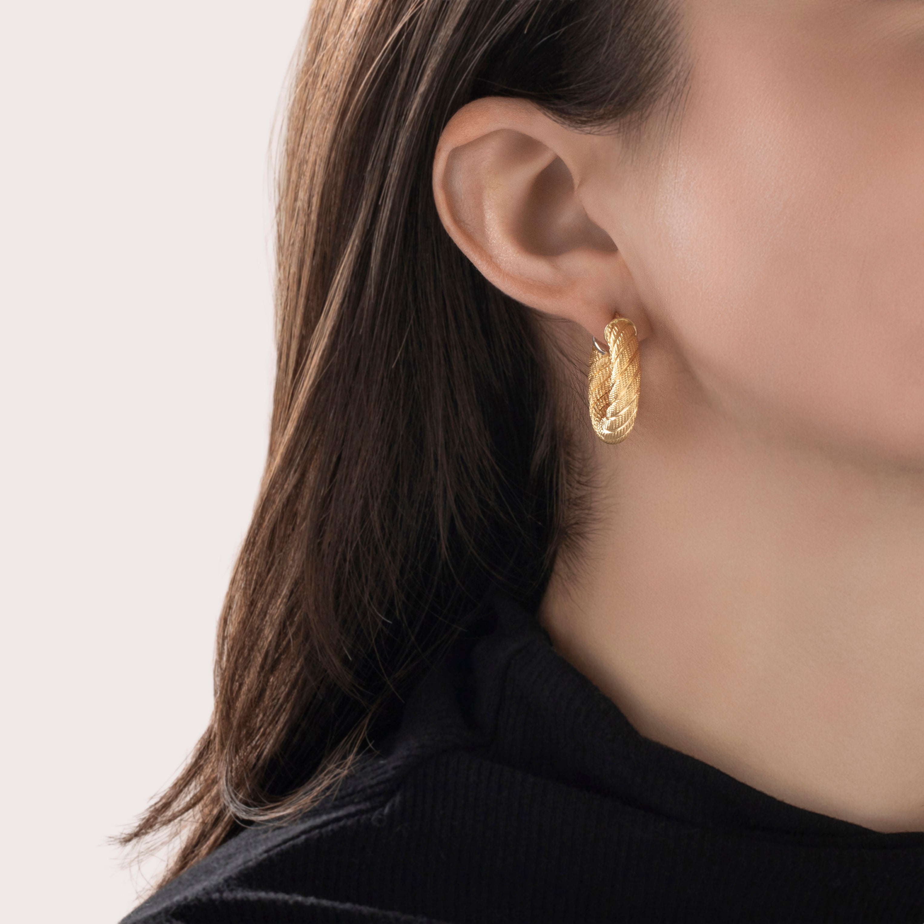 Vintage Italian 18k Yellow & White Gold Rope Textured Hoop Earrings - On model view