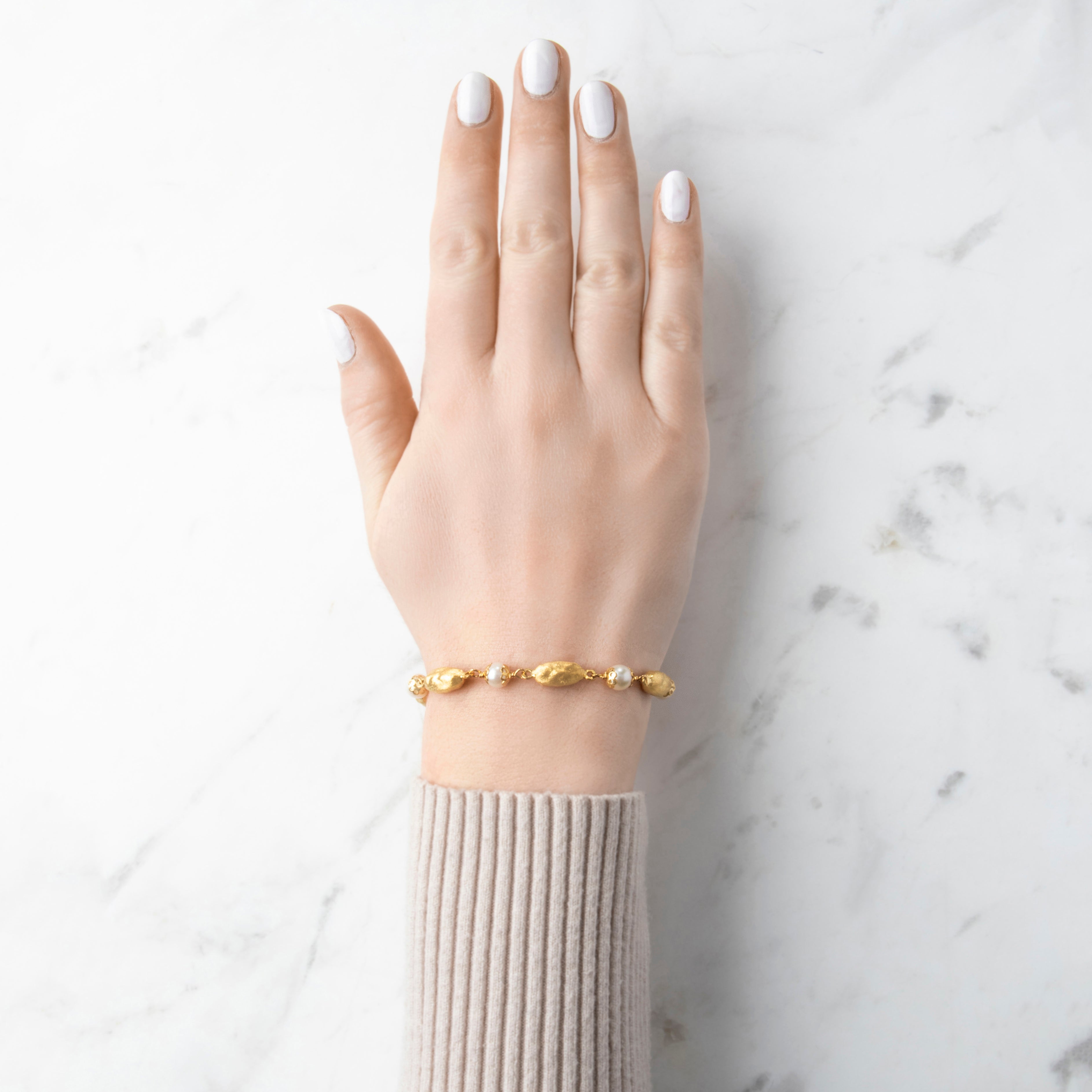 Estate Italian 18k Yellow Gold Pearl Textured Bauble Bracelet - On model view