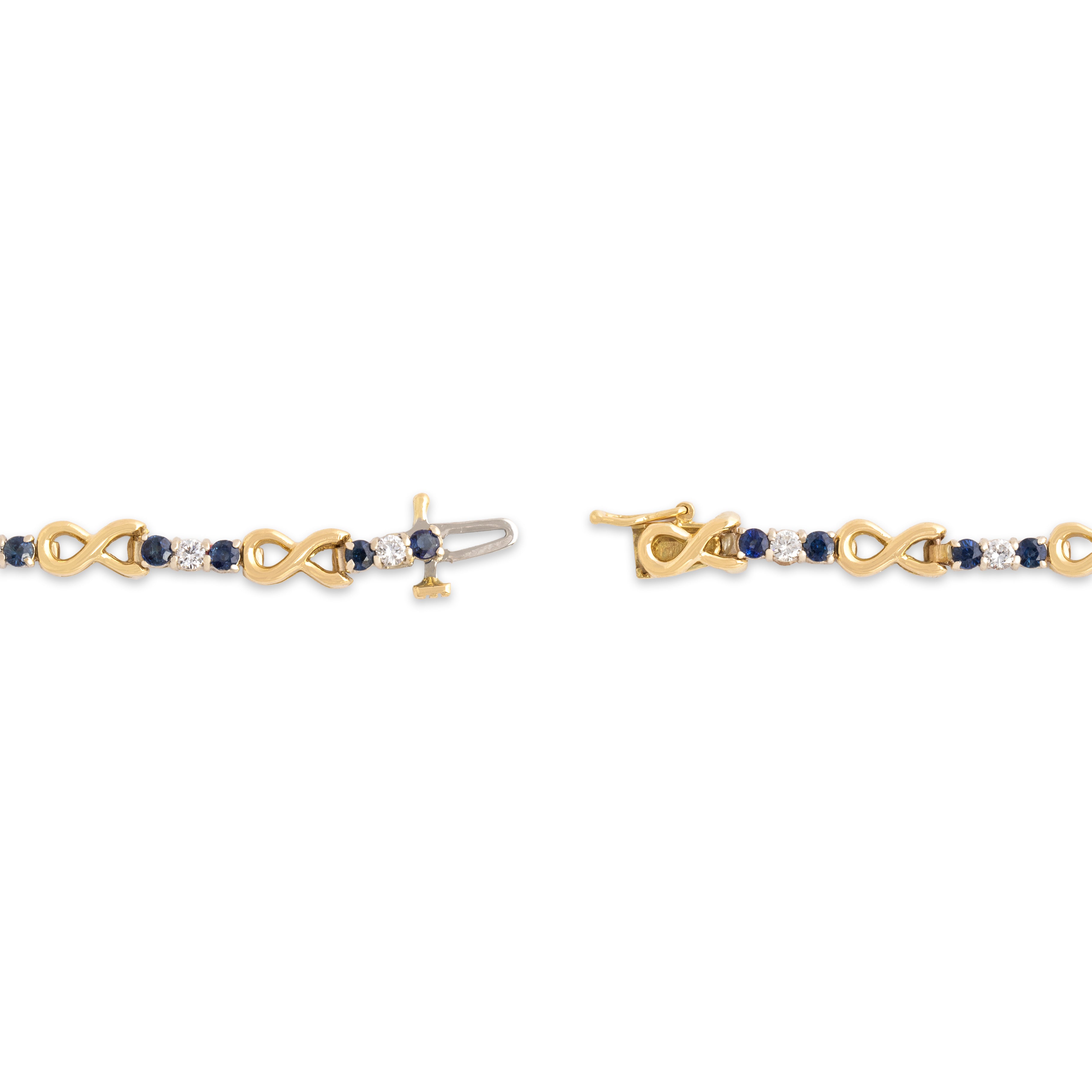 Vintage 18k Yellow & White Gold 1.28cttw Blue Sapphire .56cttw Diamond Fantastic Trio Infinity Link Bracelet - clasp view