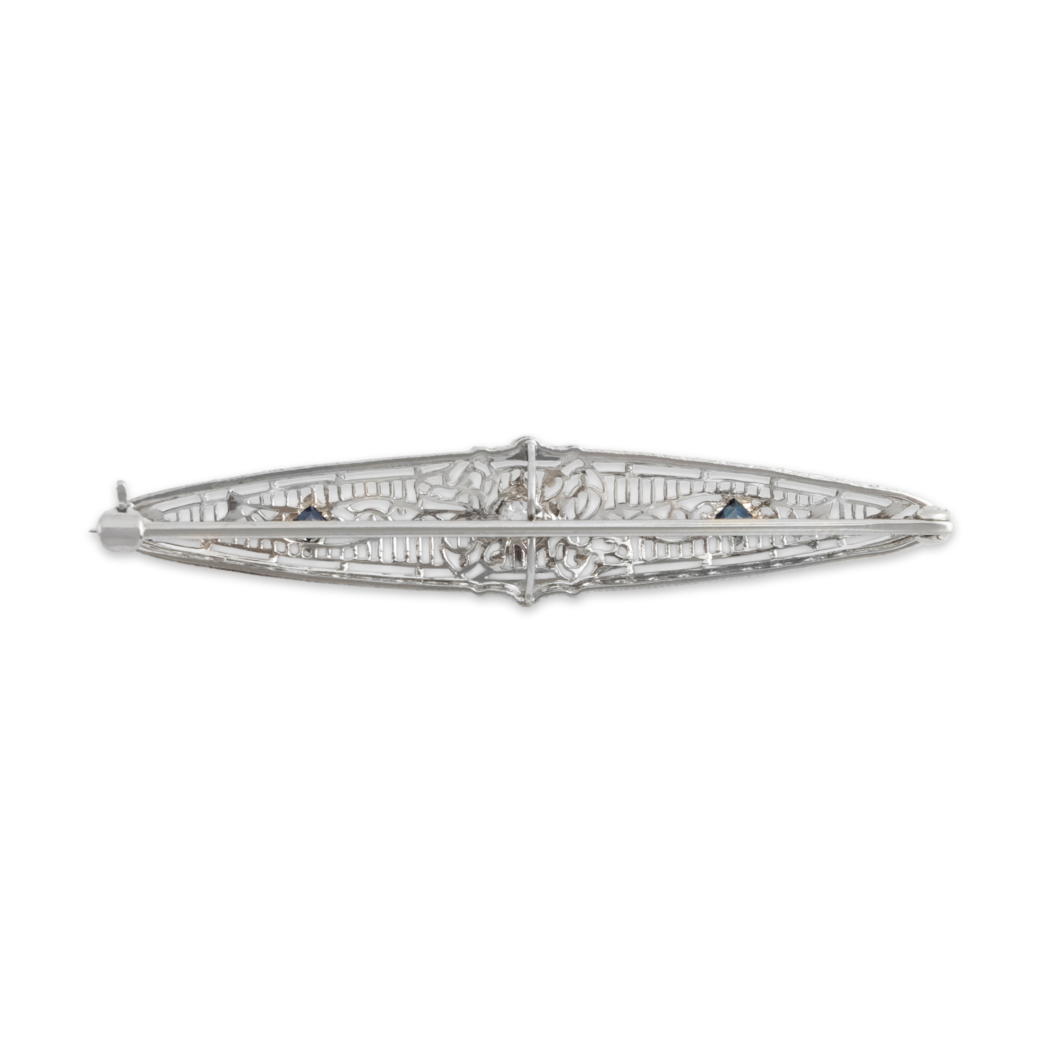 Antique Art Deco 14k White Gold Natural Old Mine Diamond Synthetic Sapphire Pin - Back view