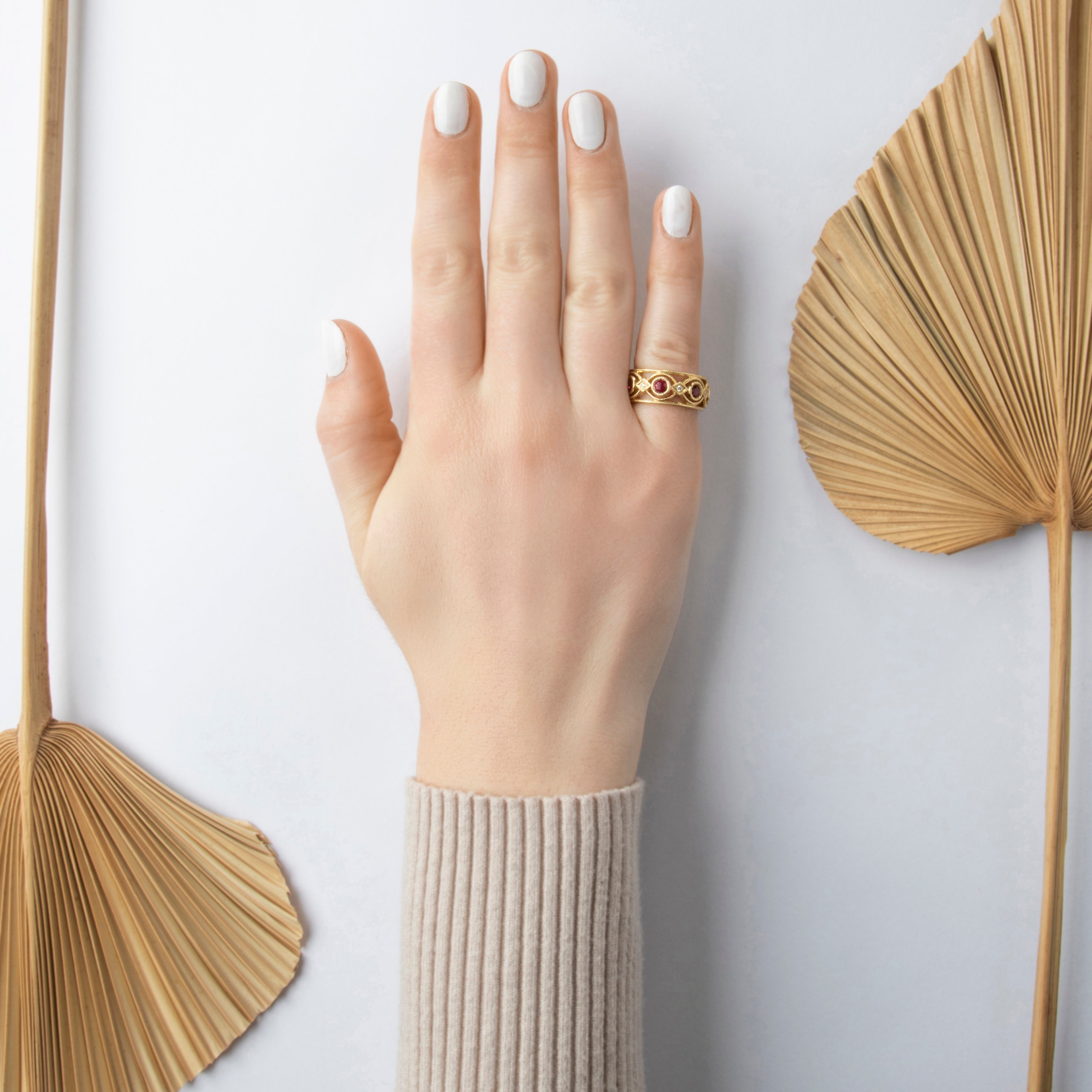 Vintage Heavy 14k Yellow Gold 1.4cttw Ruby Diamond Wide Milgrain Band Ring - On model view