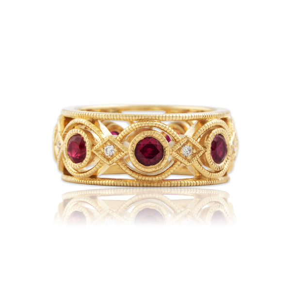 Vintage Heavy 14k Yellow Gold 1.4cttw Ruby Diamond Wide Milgrain Band Ring 6.00