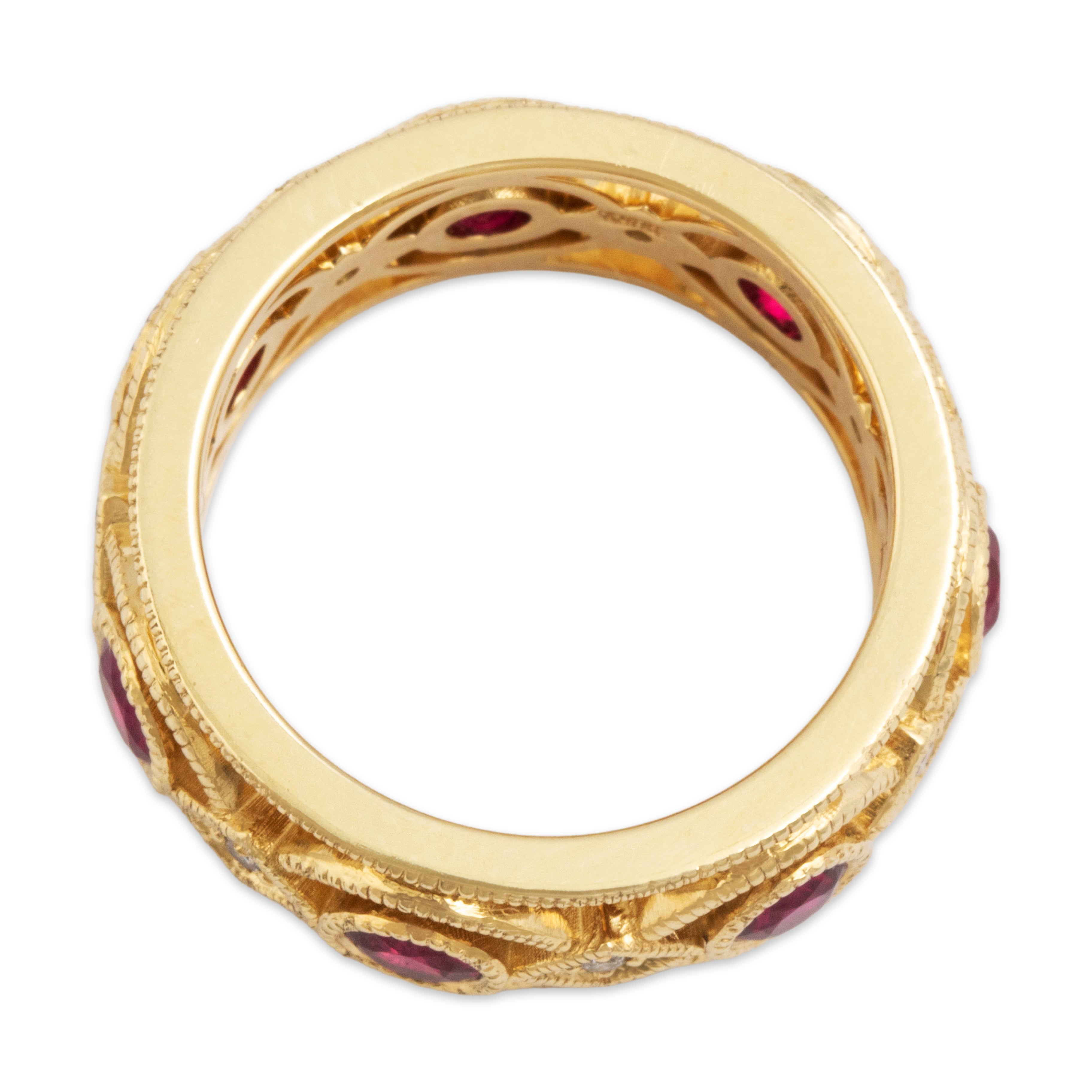 Vintage Heavy 14k Yellow Gold 1.4cttw Ruby Diamond Wide Milgrain Band Ring - Overall view