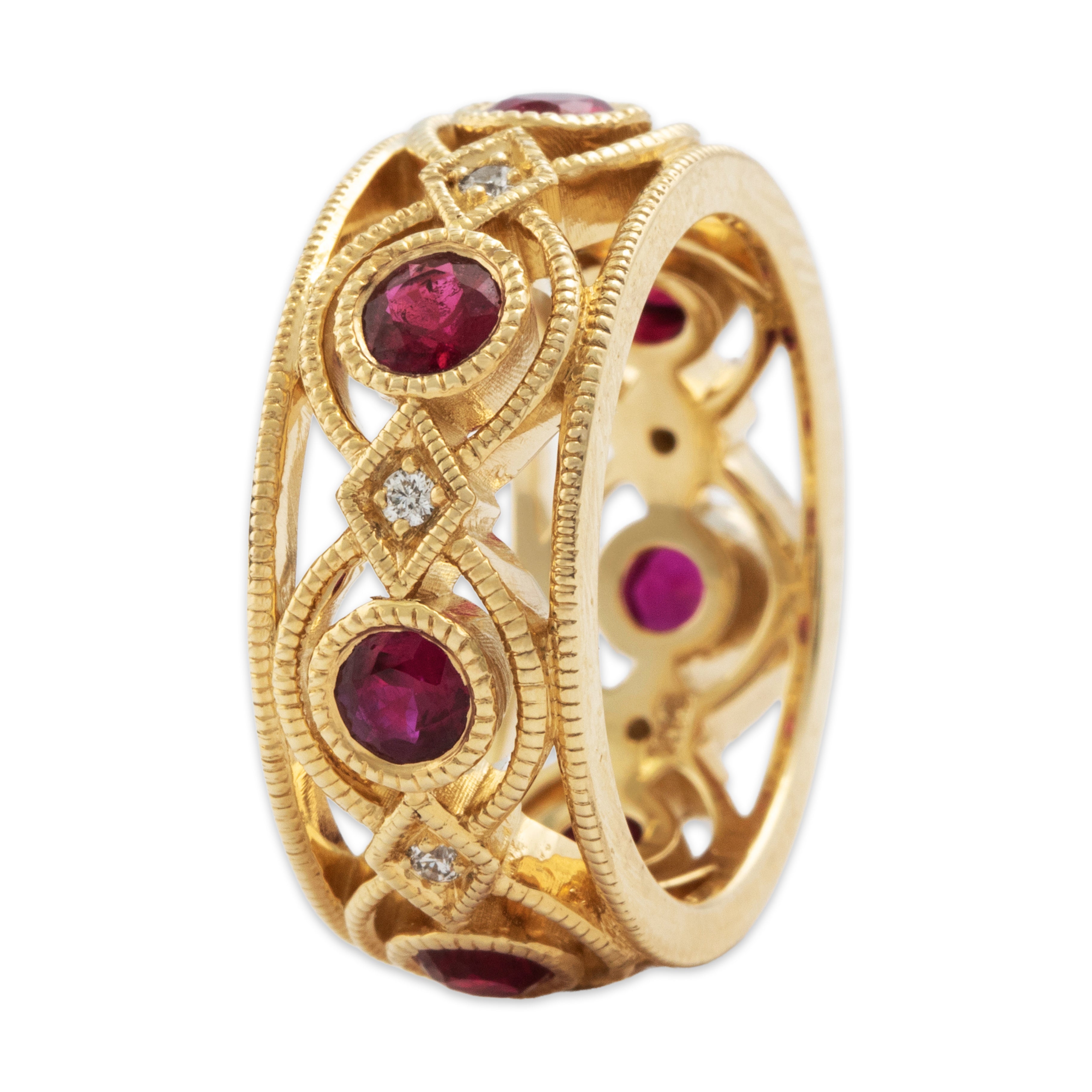 Vintage Heavy 14k Yellow Gold 1.4cttw Ruby Diamond Wide Milgrain Band Ring - detail view #1