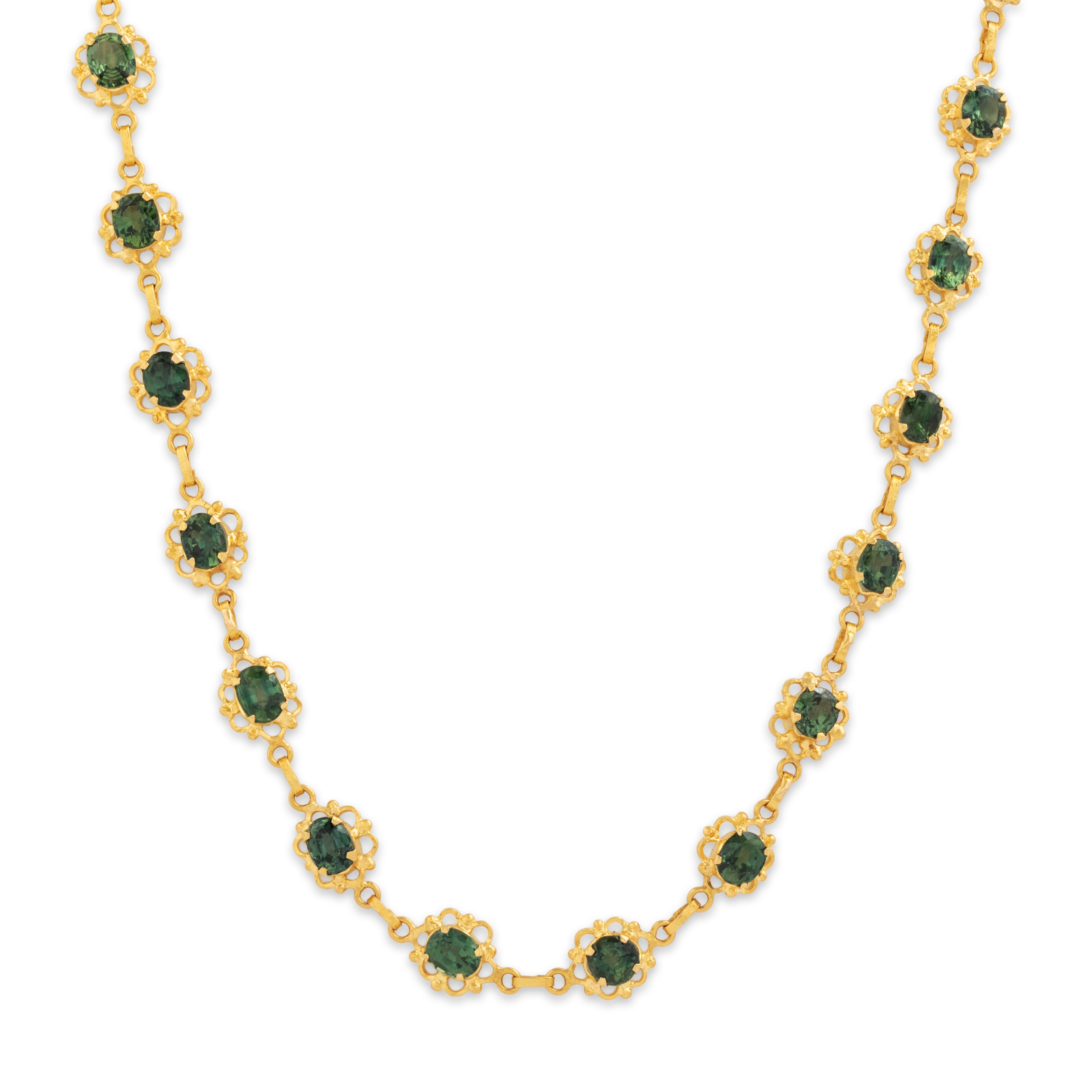 Vintage 19k Yellow Gold 16.5cttw Green Sapphire Incredible Ornate Necklace - Close-up view