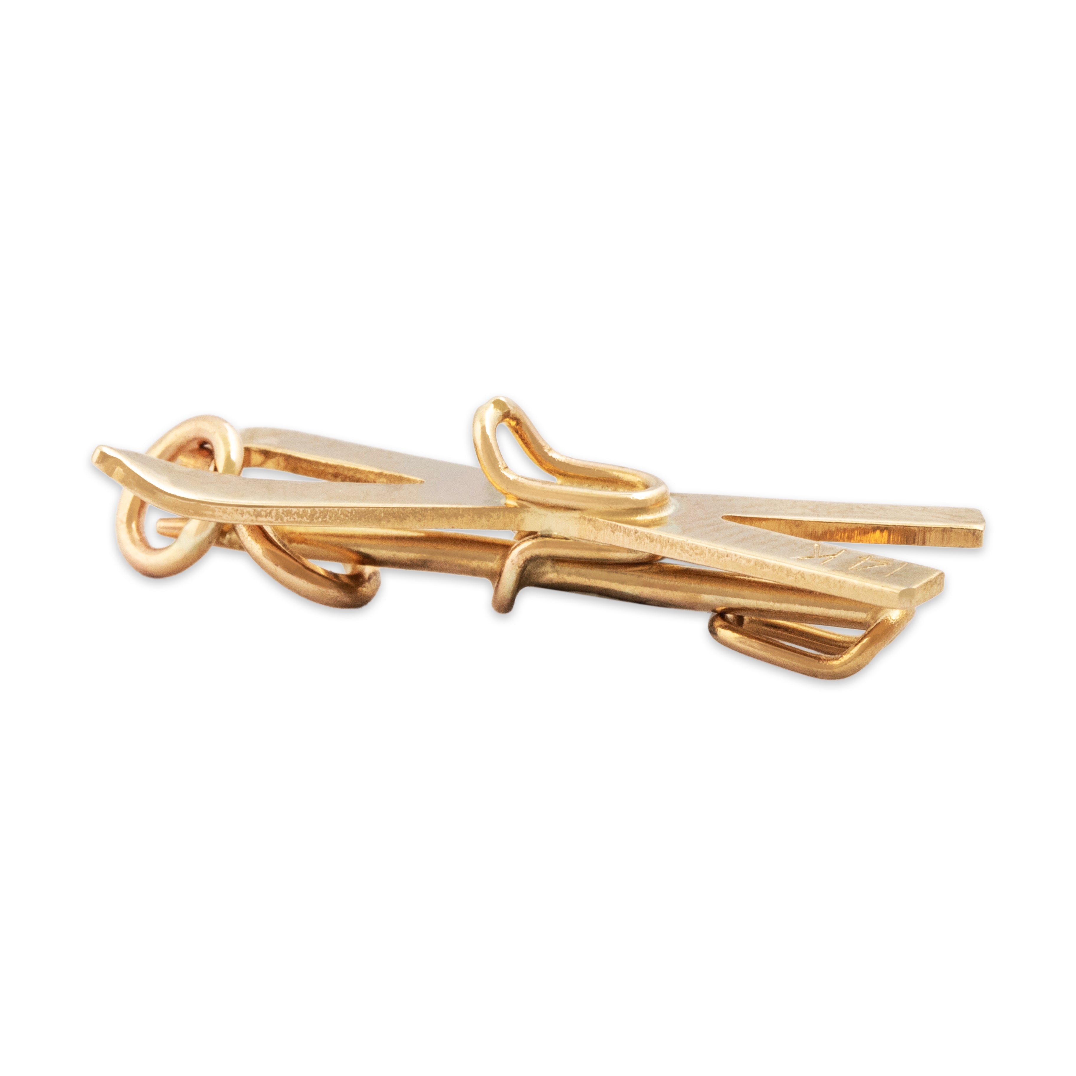 Vintage 14k Yellow Gold Retro Pair Of Skis & Pole Charm / Pendant - Side view