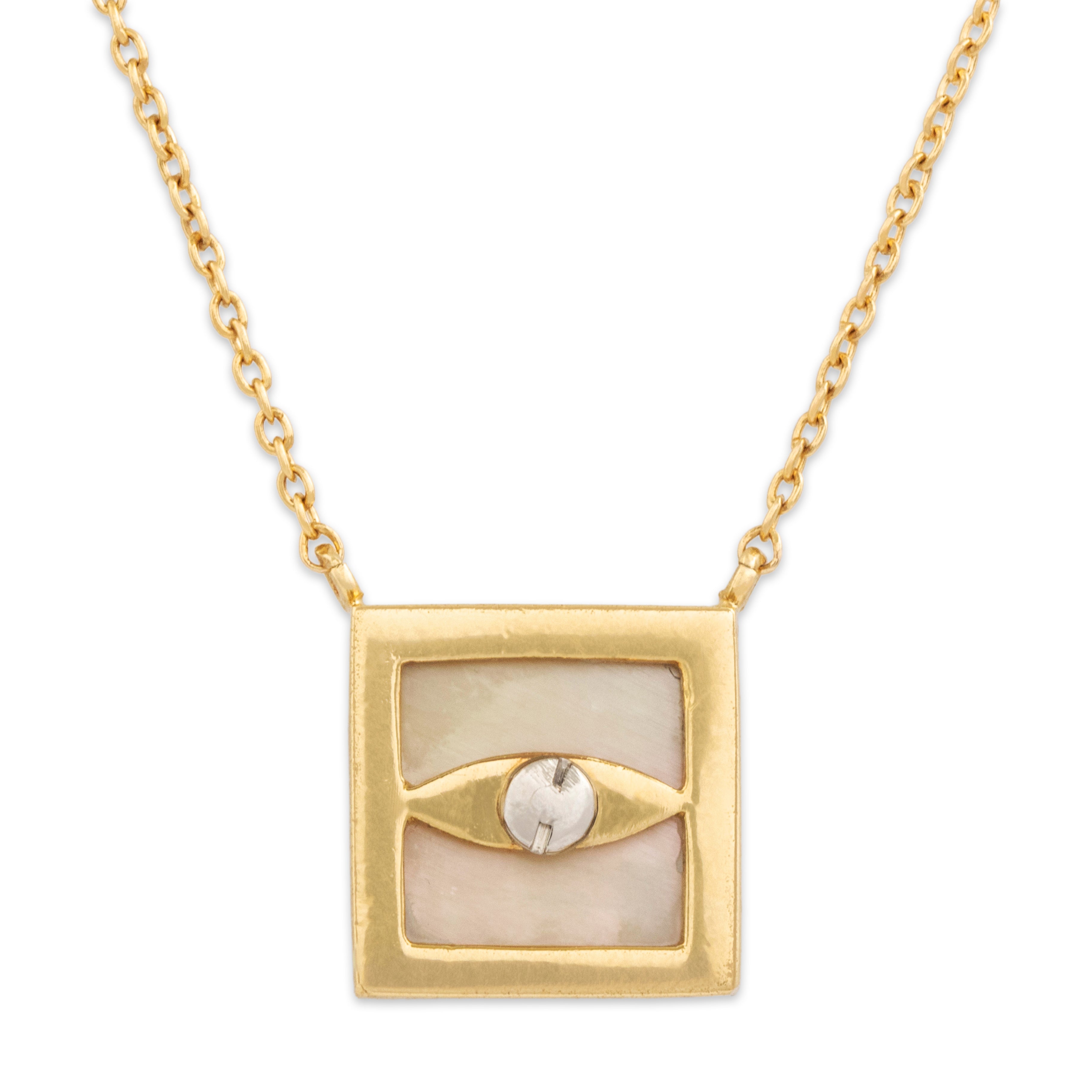 Vintage Italian Heavy 18k Yellow Gold Mother Of Pearl Diamond Square Necklace - detail view #3