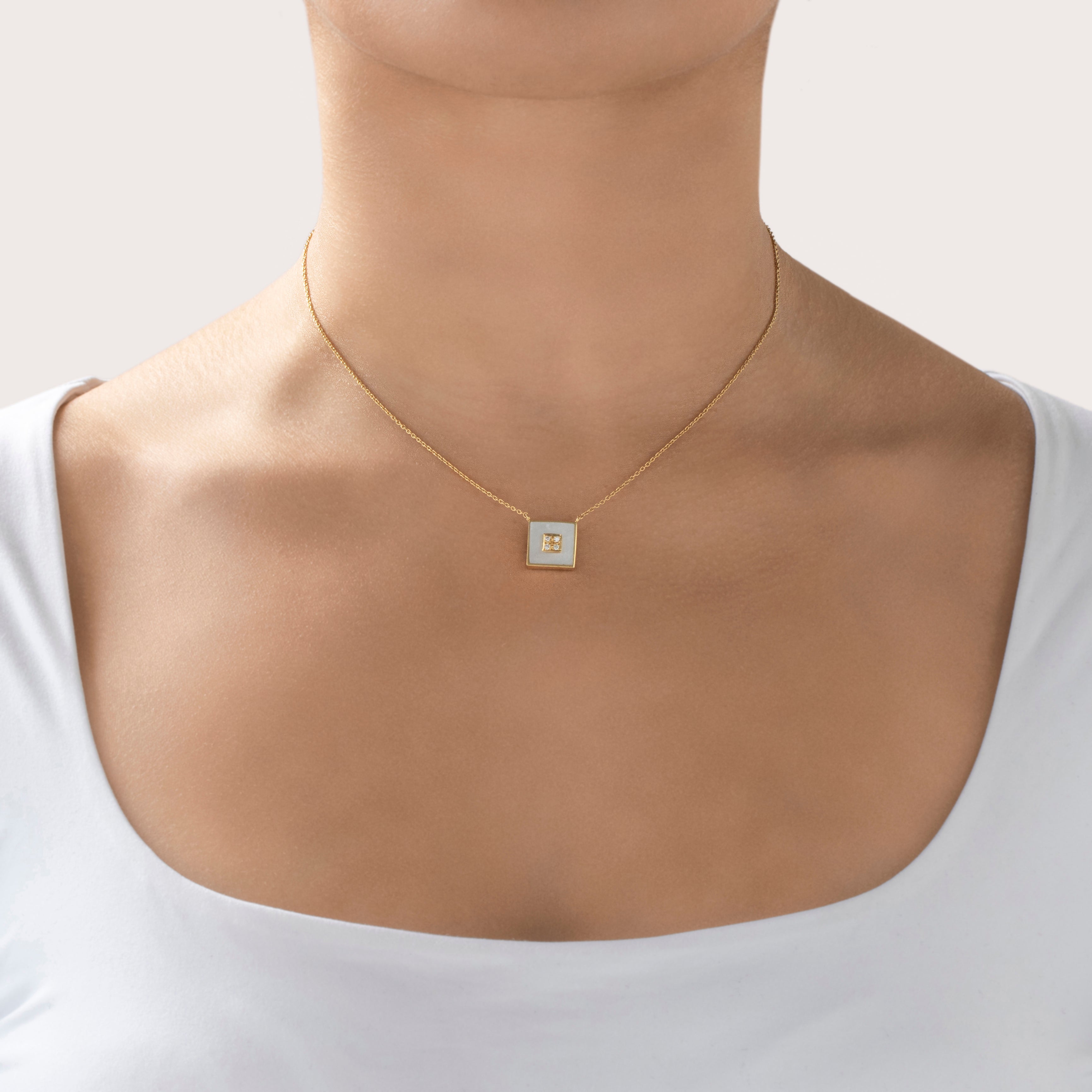 Vintage Italian Heavy 18k Yellow Gold Mother Of Pearl Diamond Square Necklace - On model view