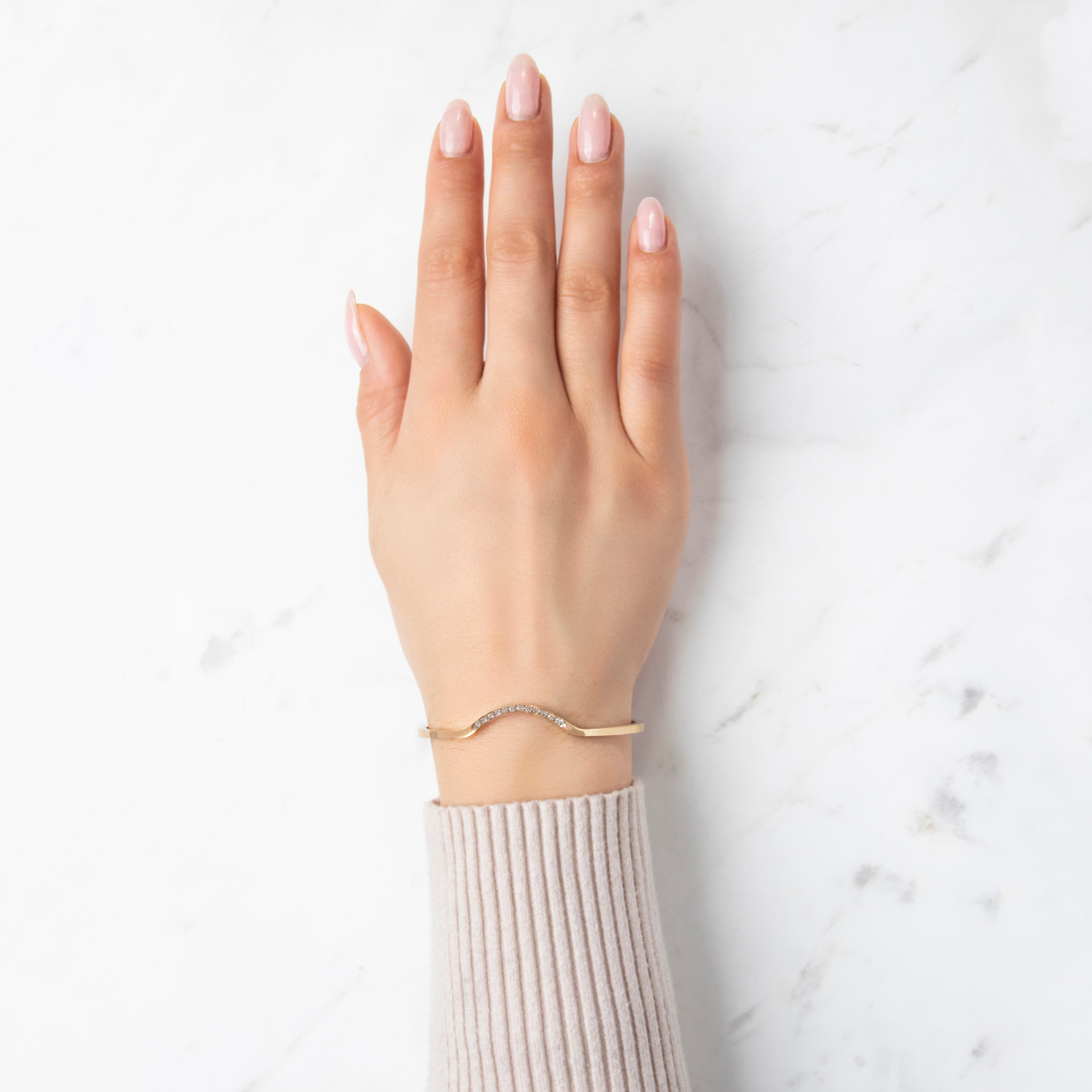 Vintage 14k Yellow Gold .216cttw Diamond Chic Arched Cuff Bracelet - On model view